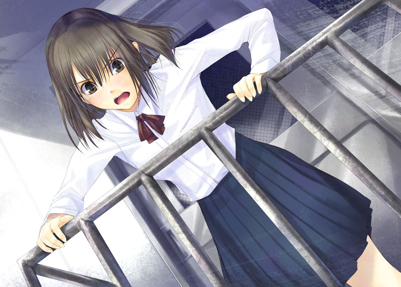 kirishima satoshi, original, angry, black hair, blush, brown eyes, dutch angle, railing, school uniform, short hair, skirt