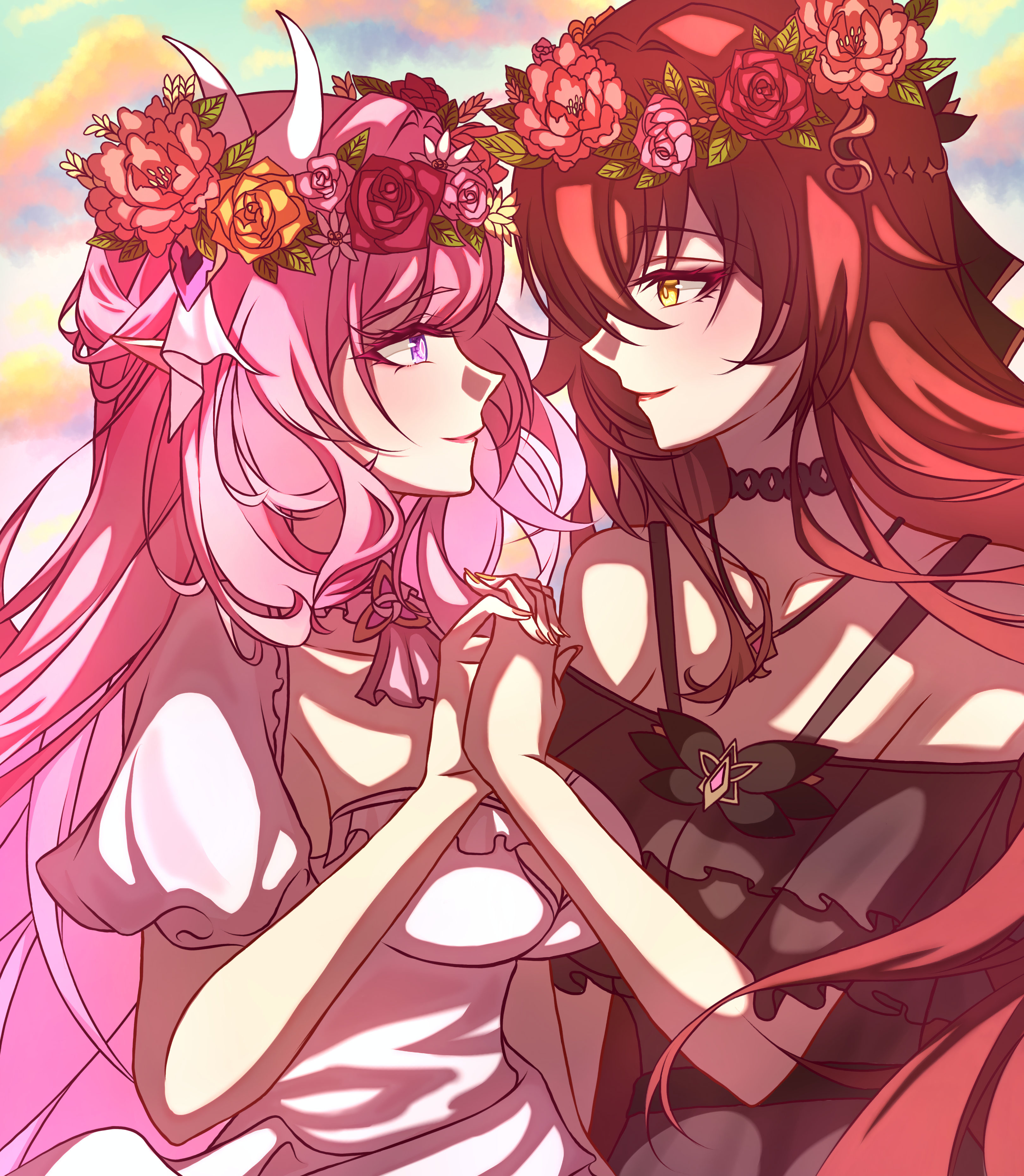 eden (honkai impact), elysia (honkai impact), honkai (series), honkai impact 3rd, absurdres, commentary, english commentary, highres, 2girls, alternate costume, black dress, blush, breasts, brown hair, closed mouth, cloud, dress, elysium1nyou, eye contact, fingernails, head wreath, holding hands, interlocked fingers, large breasts, long hair, looking at another, multiple girls, off-shoulder dress, off shoulder, pink hair, pointy ears, purple eyes, smile, upper body, very long hair, white dress, yellow eyes, yuri