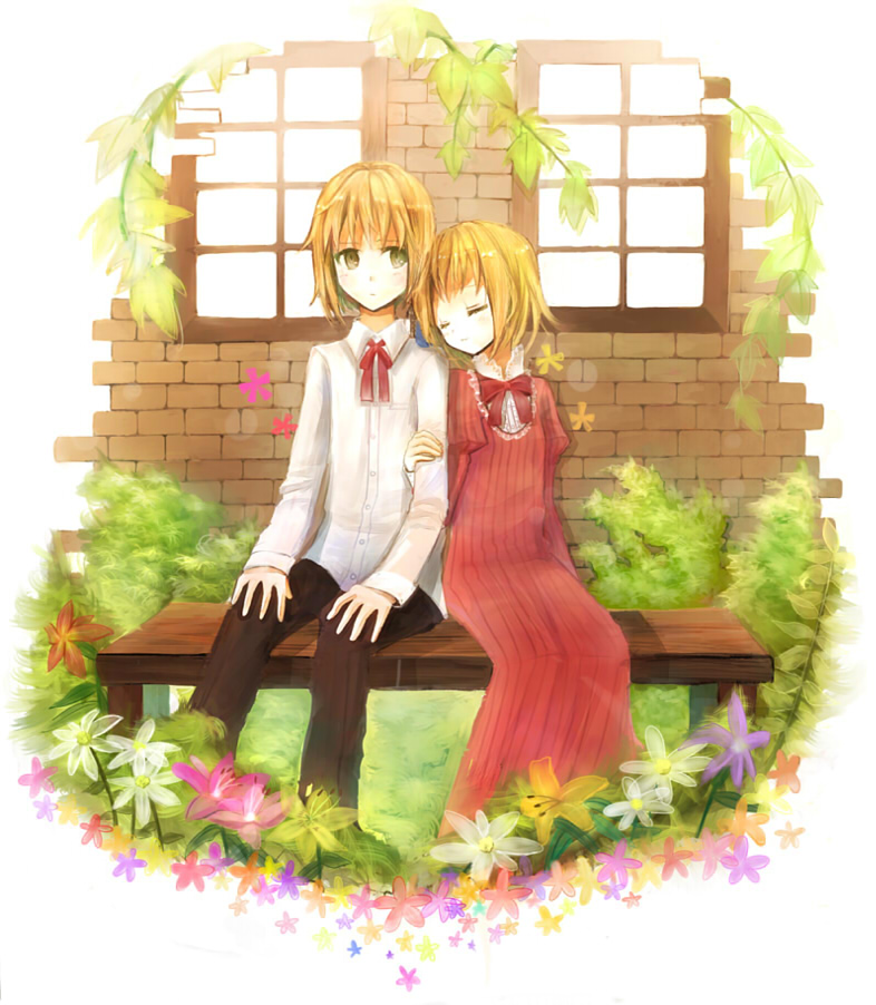 amamizu (pixiv), usui (tripcube), liechtenstein (hetalia), switzerland (hetalia), axis powers hetalia, bad id, bad pixiv id, 00s, 1boy, 1girl, blonde hair, dress, green eyes, necktie, outdoors, plant, short hair, siblings, window