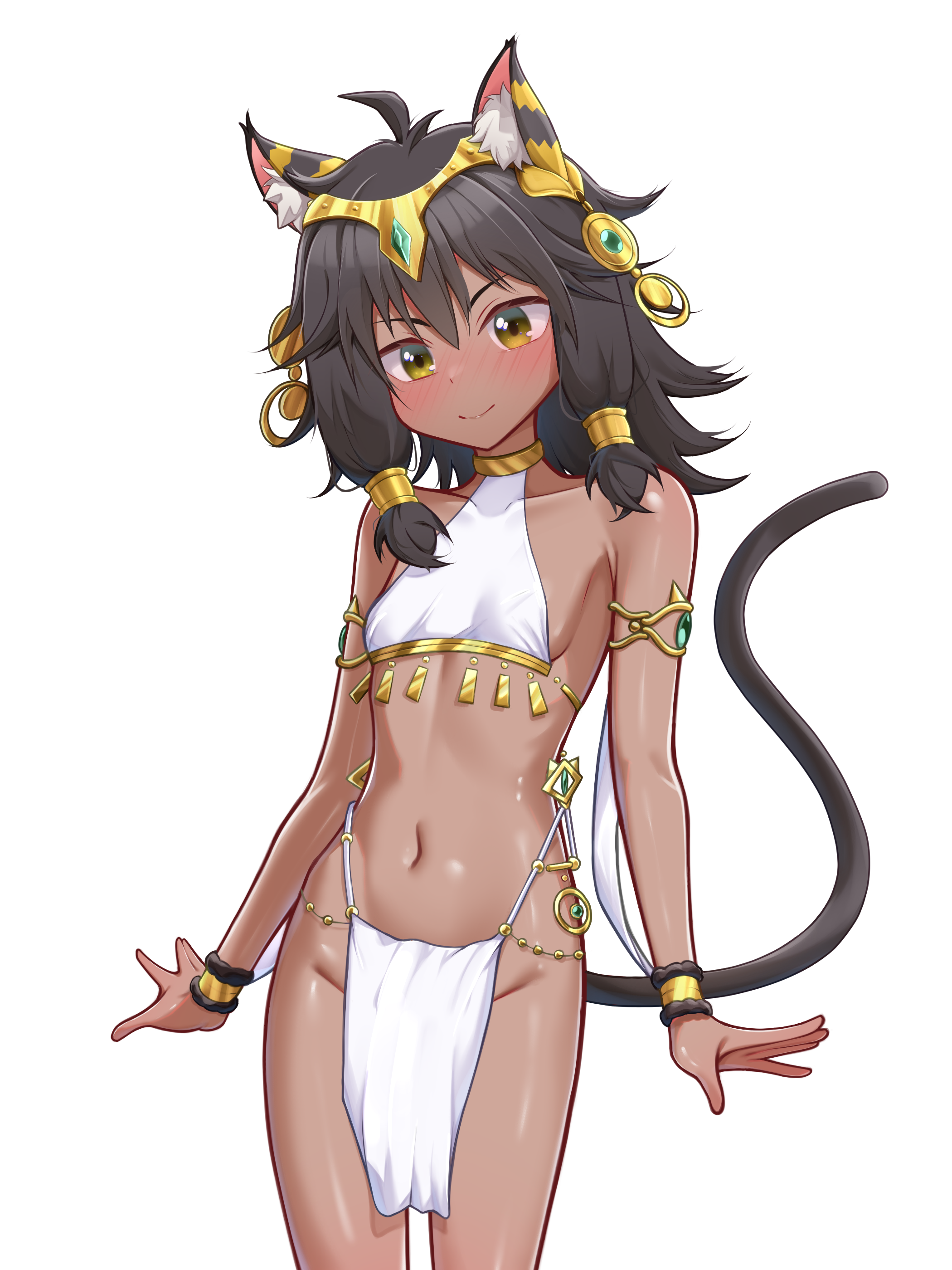 moriforests, tiona hyryute, dungeon ni deai wo motomeru no wa machigatteiru darou ka, absurdres, highres, 1girl, animal ears, bare shoulders, black hair, breasts, brown eyes, cat ears, cat girl, cat tail, cowboy shot, dark-skinned female, dark skin, hair ornament, jewelry, loincloth, long hair, looking at viewer, navel, shiny skin, small breasts, smile, solo, tail