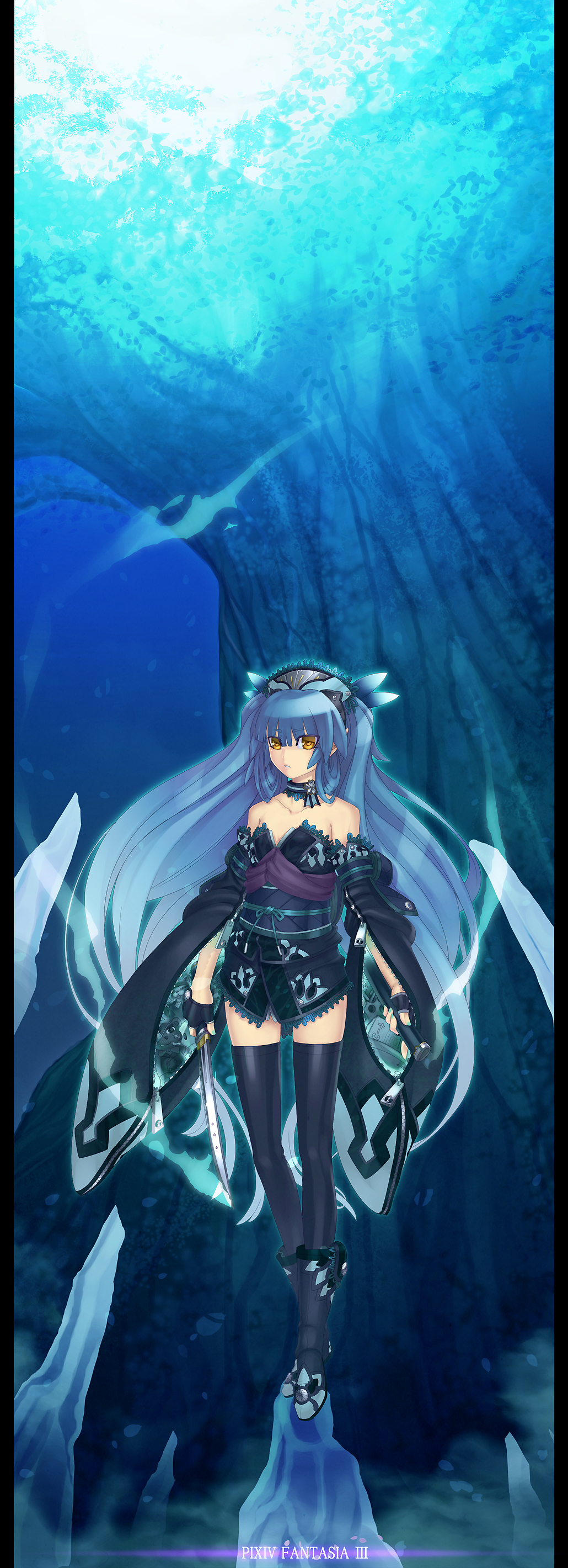 ayaki, pixiv fantasia, pixiv fantasia 3, absurdres, bad id, bad pixiv id, highres, long image, tall image, 1girl, aqua hair, bare shoulders, blue hair, boots, brown eyes, collarbone, copyright name, detached sleeves, female focus, gigandal federation, japanese clothes, knife, legs, long hair, solo, thighhighs, underwater, very long hair, zettai ryouiki