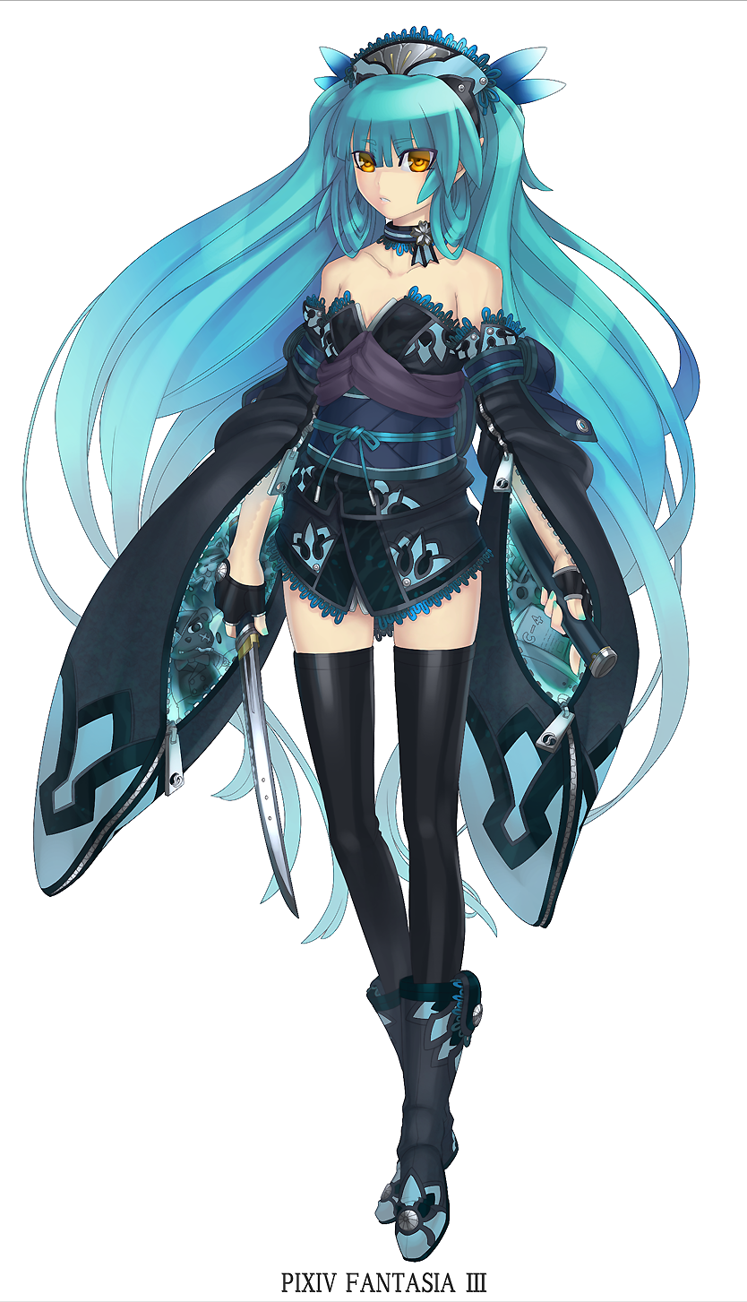ayaki, pixiv fantasia, pixiv fantasia 3, highres, 1girl, aqua hair, bare shoulders, black thighhighs, blue hair, boots, brown eyes, choker, collarbone, copyright name, detached sleeves, female focus, gigandal federation, hair ornament, japanese clothes, knife, legs, long hair, obi, sash, simple background, solo, thighhighs, very long hair, yellow eyes, zettai ryouiki, zipper