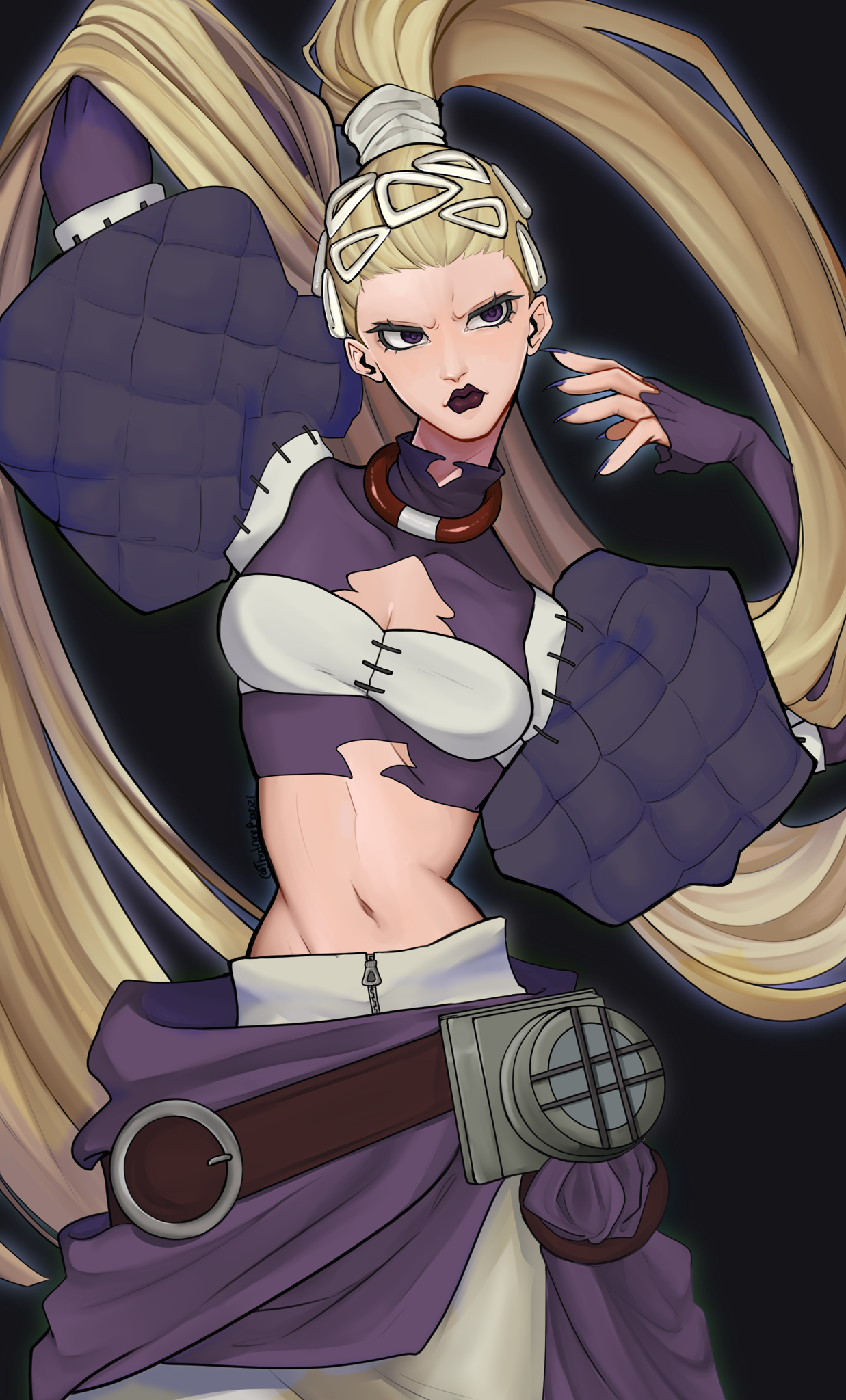 gachiakuta, highres, black background, blonde hair, breasts, crop top, dumbbaozi, hair ornament, hair pulled back, hairclip, high ponytail, lips, long hair, medium breasts, midriff, noerde hew amozo, ponytail, puffy sleeves, purple eyes, purple lips, standing, very long hair