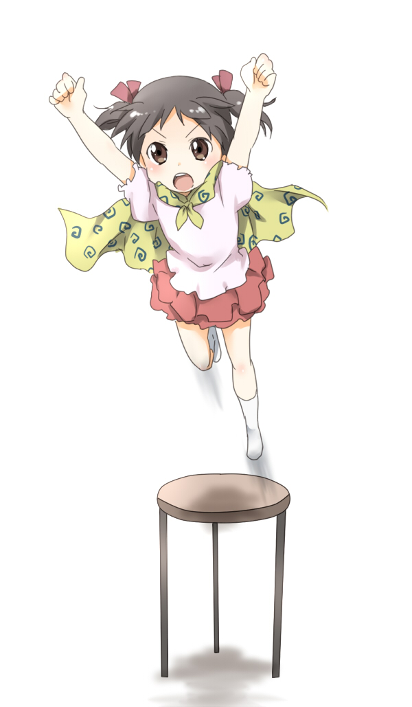 maruki (punchiki), bad id, bad pixiv id, black hair, brown eyes, capelet, child, jumping, skirt, socks, solo