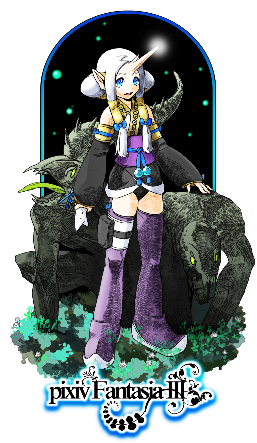 9aki, pixiv fantasia, pixiv fantasia 3, bad id, bad pixiv id, highres, 1girl, blue eyes, boots, detached sleeves, female focus, green eyes, horns, monster, pointy ears, purple boots, single horn, solo, thighhighs, white hair