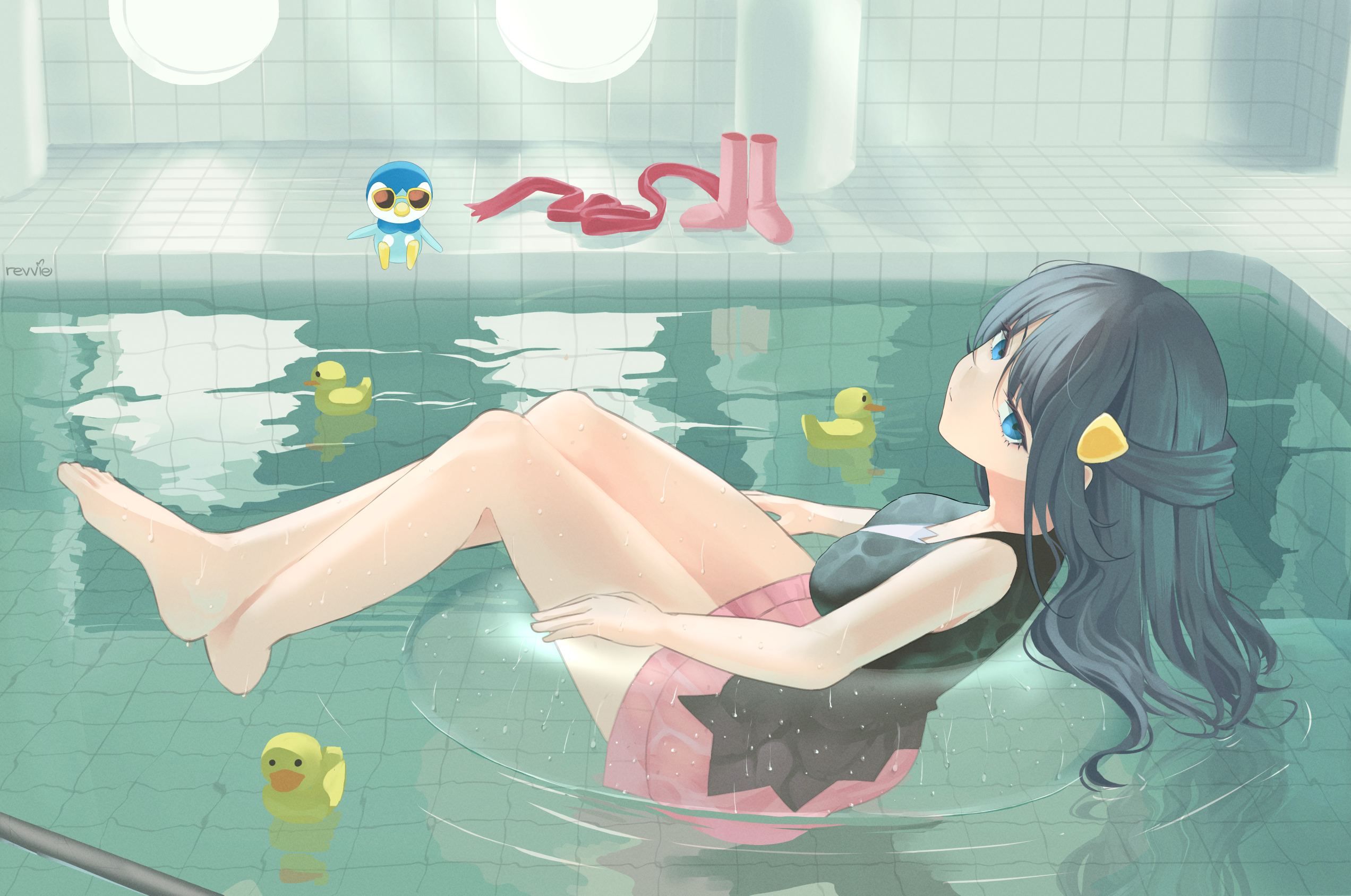 revvie, dawn (pokemon), piplup, nintendo, pokemon, pokemon dppt, highres, 1girl, barefoot, black hair, blue eyes, blue hair, boots, breasts, closed mouth, gen 4 pokemon, hair ornament, hairclip, innertube, large breasts, long hair, looking at viewer, pink boots, pink skirt, pokemon (creature), pool, red scarf, rubber duck, scarf, shirt, skirt, sleeveless, sunglasses, swim ring, unworn boots, unworn scarf, water