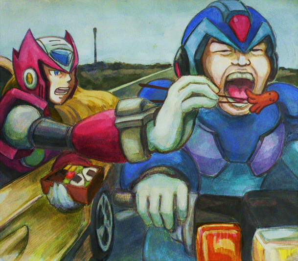 maikeru, x (mega man), zero (mega man), capcom, mega man (series), mega man x (series), 2boys, android, bento, bicycle, car, chopsticks, feeding, food, food art, male focus, motor vehicle, multiple boys, onigiri, radwimps, sidecar, tako-san wiener, what