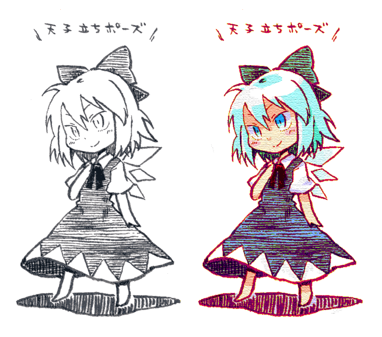 roku, roku (warrock), cirno, touhou, 1girl, barefoot, blue eyes, blue hair, bow, female focus, hair between eyes, hair bow, short hair, sketch, white background, wings