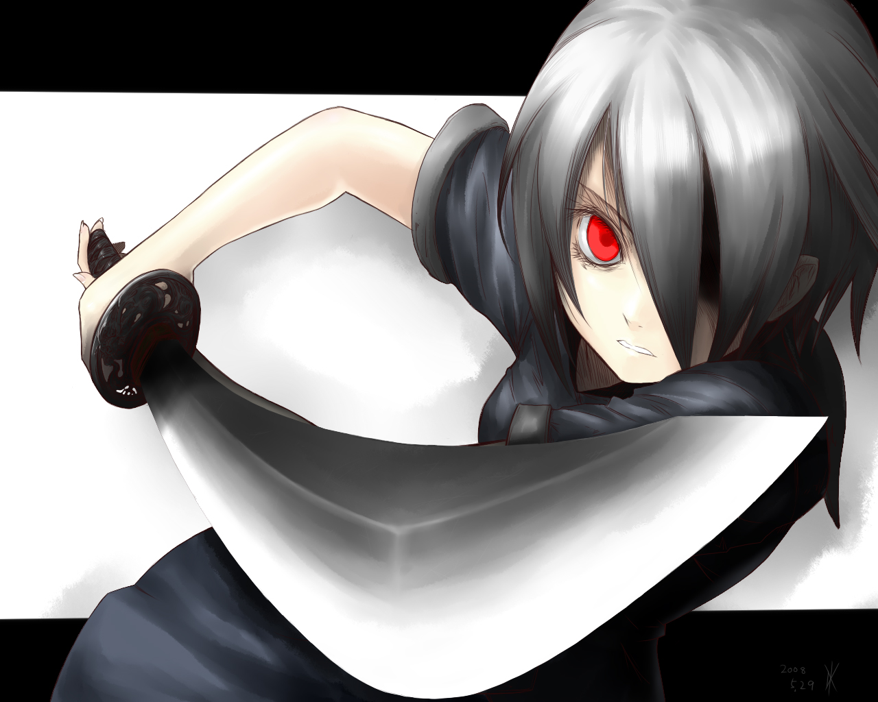 kotoba noriaki, hinomaru (kotoba), original, silver hair, 1girl, female focus, katana, nichi no maru, red eyes, skirt, solo, sword, weapon
