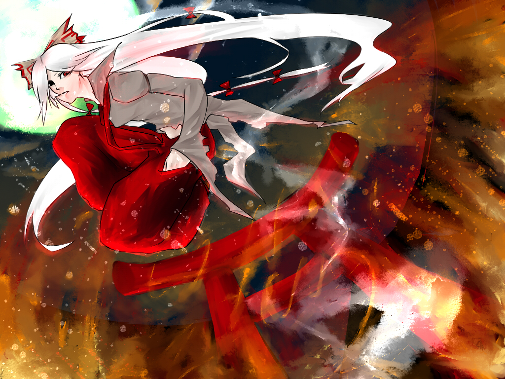 mnk, fujiwara no mokou, touhou, bad id, bad pixiv id, 1girl, female focus, full body, hair ribbon, long hair, outdoors, red eyes, ribbon, sky, solo, white hair