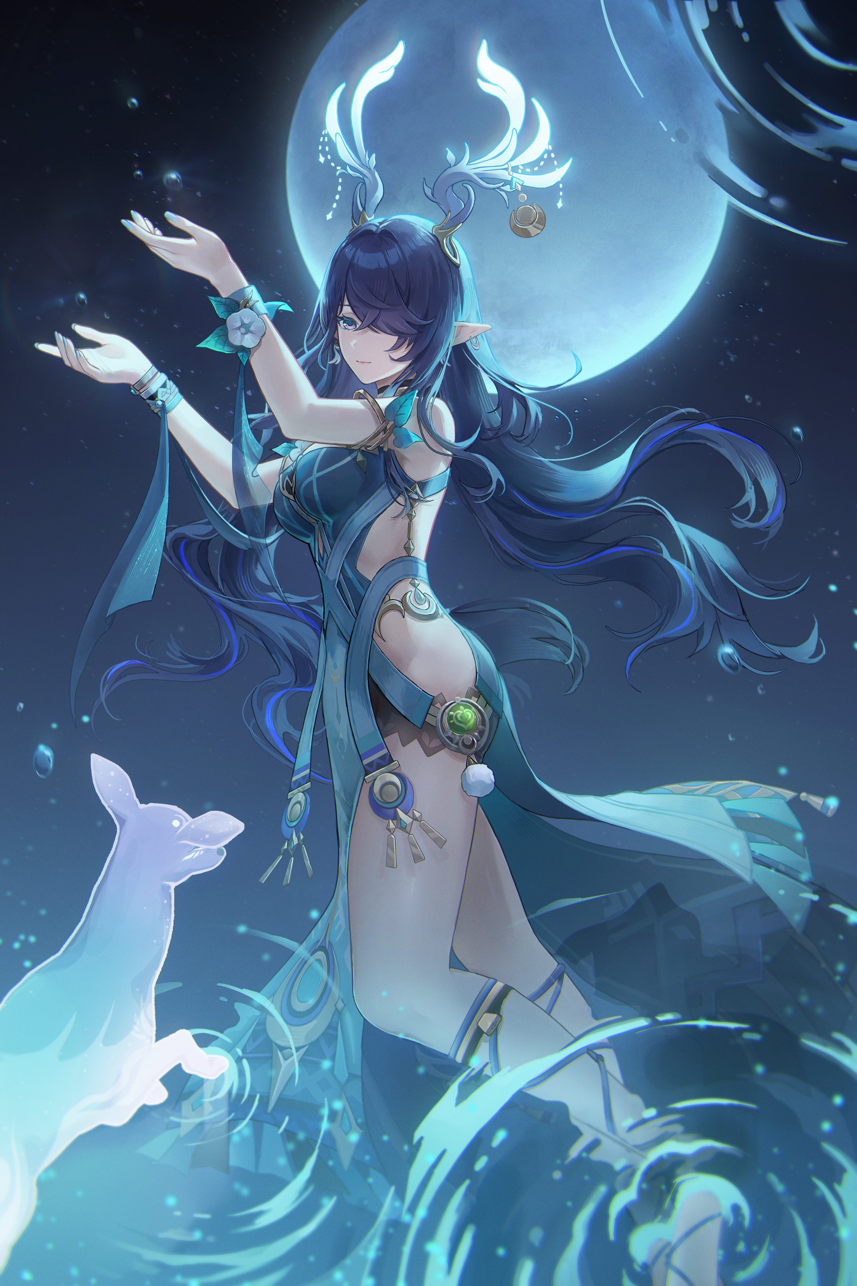 yukiri (l ii), lauma (genshin impact), genshin impact, absurdres, chinese commentary, commentary request, highres, 1girl, antler ornament, antlers, blue dress, blue eyes, blue hair, breasts, closed mouth, deer antlers, dendro symbol (genshin impact), dress, from side, full moon, hair over one eye, hands up, horns, large breasts, long hair, moon, pointy ears, reflection, ripples, sideless dress, sleeveless, sleeveless dress, solo, very long hair, vision (genshin impact), water