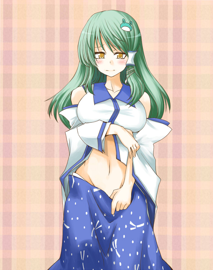 hane (hanegoya), kochiya sanae, touhou, breast hold, 1girl, blush, breasts, clothes pull, female focus, green hair, groin, large breasts, long hair, midriff, skirt, skirt pull, solo, undressing