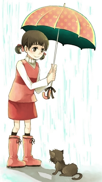 so (pixiv), doujima nanako, atlus, persona, persona 4, bad id, bad pixiv id, black socks, boots, brown eyes, brown hair, cat, child, holding, holding umbrella, kneehighs, pink boots, rain, rubber boots, short hair, short twintails, socks, solo, standing, twintails, umbrella, unmoving pattern