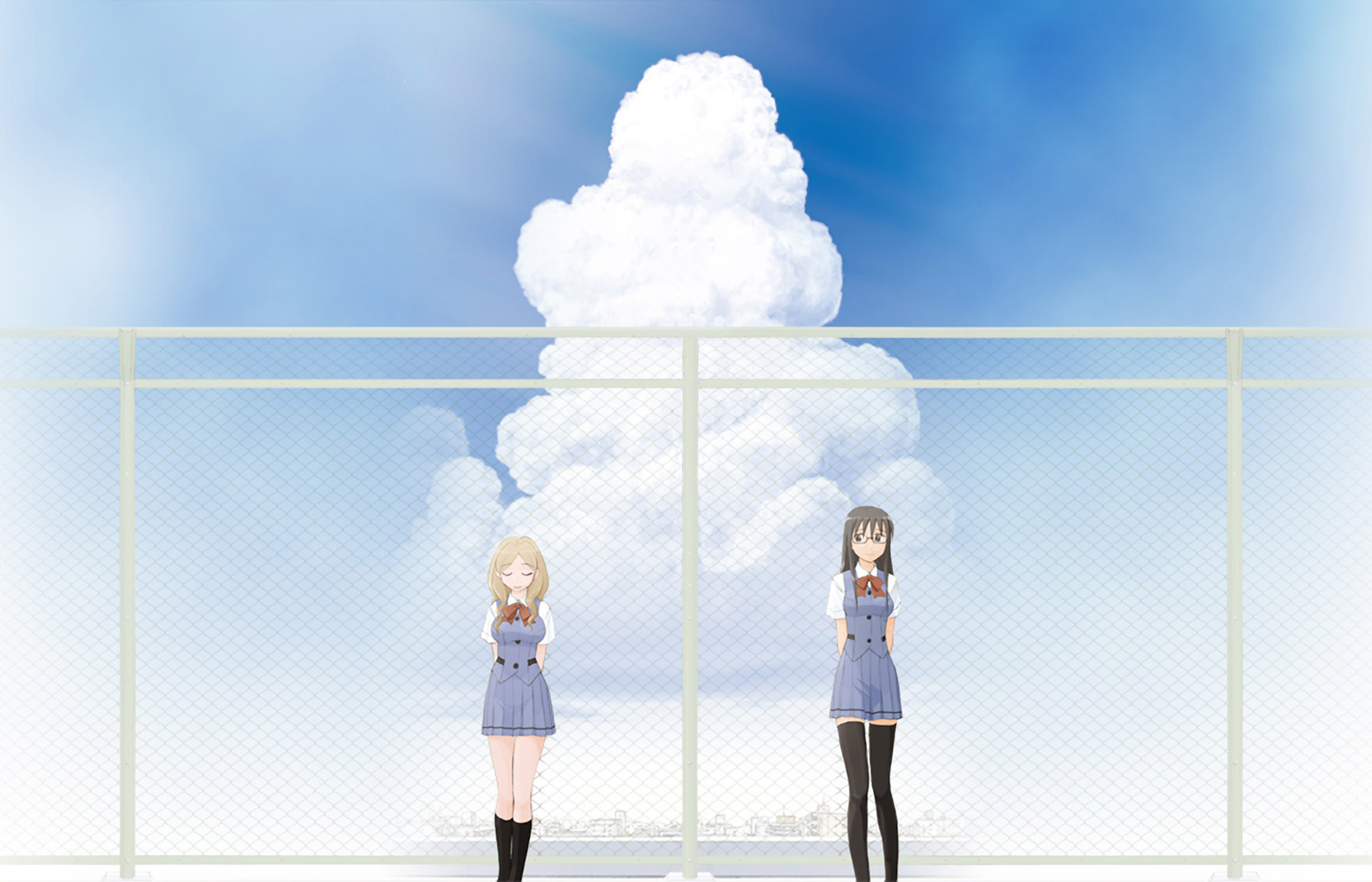kazama ushio, murasame sumika, sasameki koto, highres, 00s, 2girls, black hair, black thighhighs, bow, brown hair, cloud, day, glasses, legs, multiple girls, pleated skirt, ribbon, school uniform, skirt, sky, thighhighs, zettai ryouiki