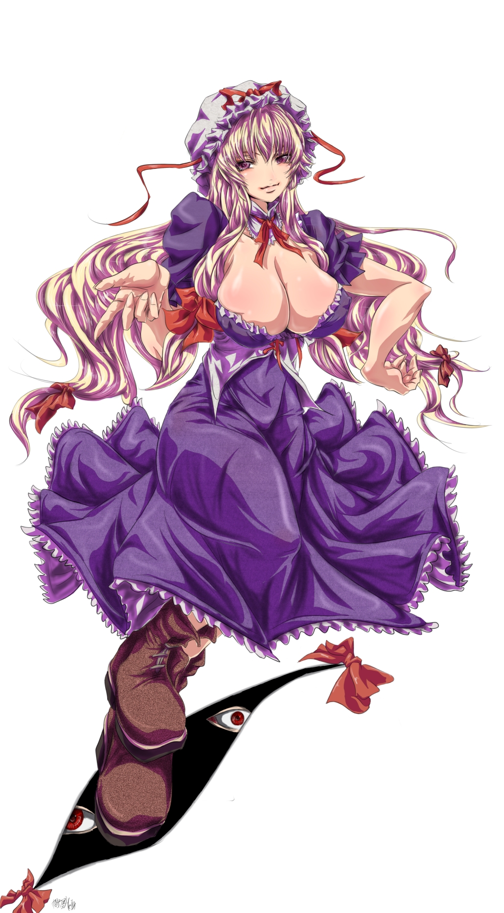 madhatter hello, yakumo yukari, touhou, bad id, bad pixiv id, highres, 1girl, blonde hair, breasts, cleavage, female focus, gap (touhou), hat, huge breasts, long hair, ribbon, smile, solo