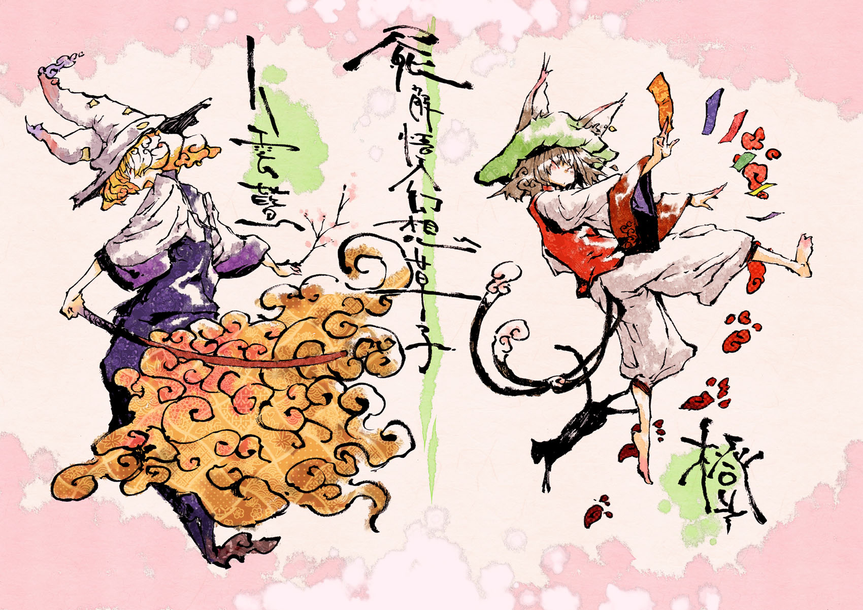 chomoran, chen, yakumo ran, touhou, bad id, bad pixiv id, highres, translation request, 2girls, animal ears, barefoot, cat, cat ears, cat tail, cherry blossoms, dress, female focus, fine art parody, fox ears, fox tail, hat, multiple girls, nihonga, parody, sumi-e, tail