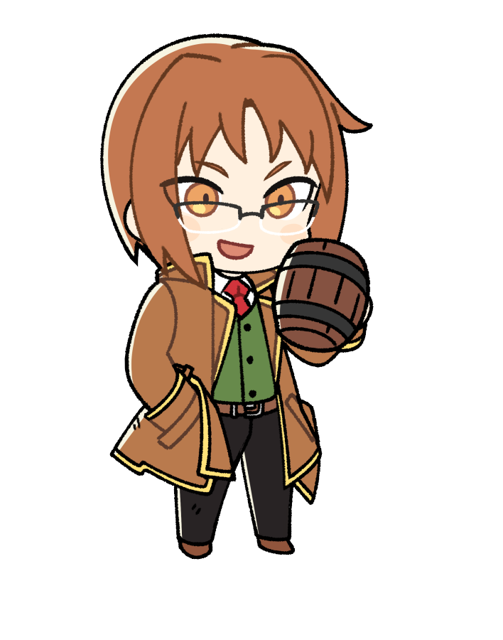 maximin liebkne, nexon, tales weaver, artist request, bad source, official art, second-party source, 1boy, :d, black-framed eyewear, black pants, brown coat, brown hair, brown sleeves, chibi, chibi only, coat, collared coat, collared shirt, cup, curtained hair, full body, green vest, hand in pocket, happy, high collar, holding, holding cup, lapels, legs apart, male focus, medium hair, necktie, no nose, open mouth, over-rim eyewear, pants, parted bangs, popped collar, rectangular eyewear, red necktie, semi-rimless eyewear, shirt, simple background, smile, solo, standing, tankard, transparent background, undershirt, vest, waistcoat, white shirt, wing collar, yellow eyes, yellow trim