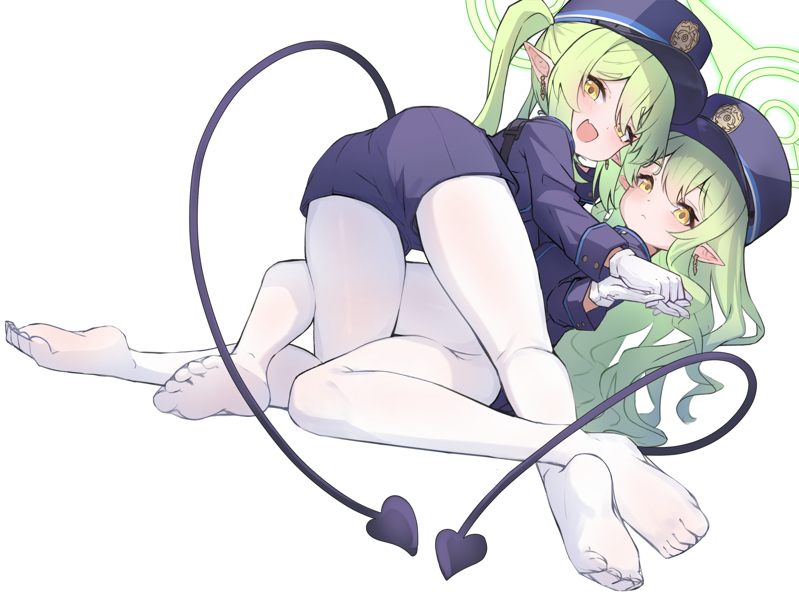 ren ruisou, hikari (blue archive), nozomi (blue archive), blue archive, highres, 2girls, black tail, blue shorts, demon tail, earrings, expressionless, fang, green eyes, green hair, green halo, halo, hat, holding hands, interlocked fingers, jewelry, long hair, looking at viewer, multiple girls, no shoes, pantyhose, peaked cap, pointy ears, shorts, siblings, sisters, skin fang, smile, tail, toes, train conductor, twins, twintails, white background, white pantyhose