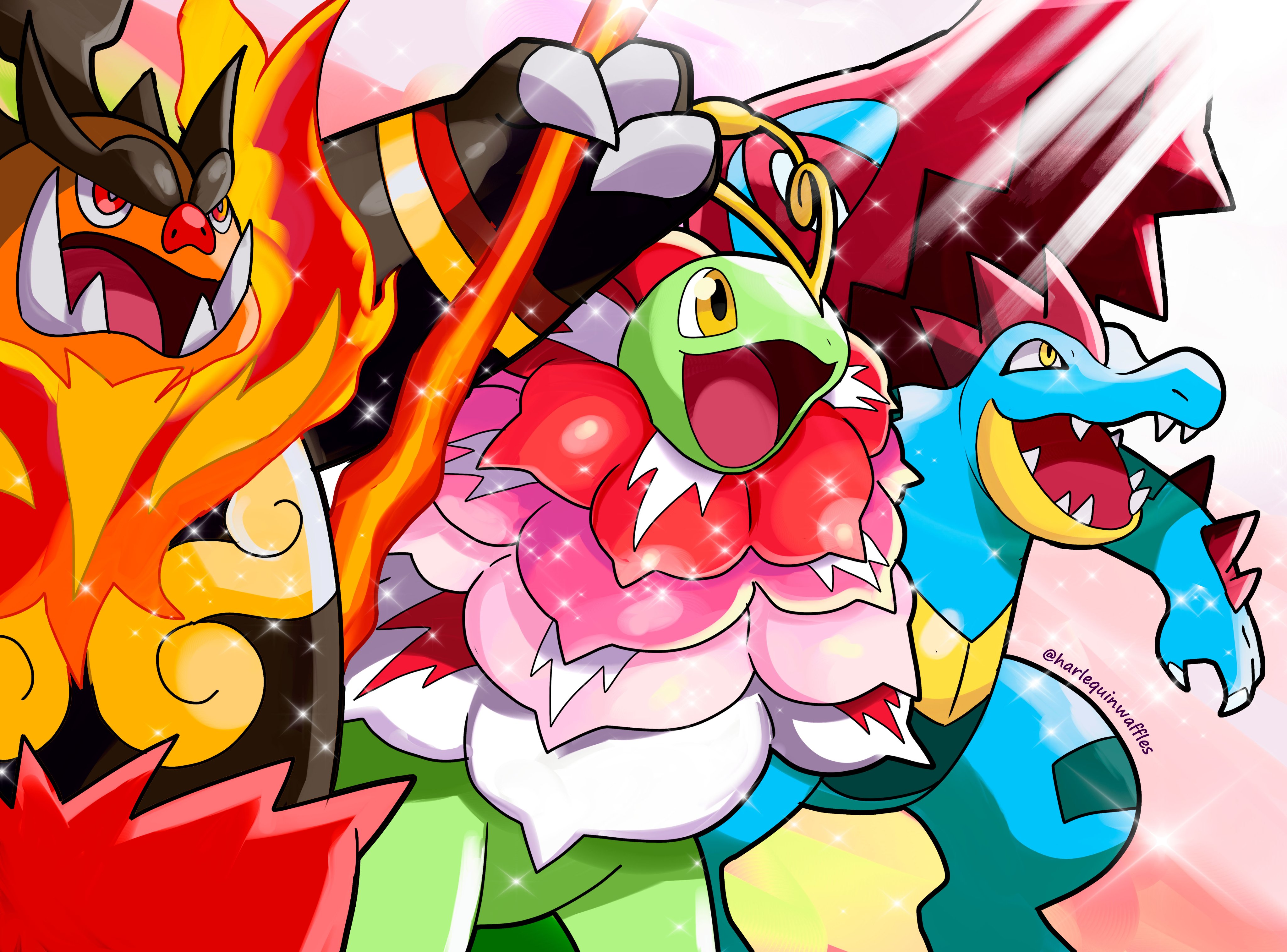 harlequinwaffles, emboar, feraligatr, mega emboar, mega feraligatr, mega meganium, meganium, nintendo, pokemon, absurdres, highres, antennae, artist name, black fur, blue skin, boar, claws, colored skin, crocodilian, fangs, fiery hair, fire, flaming weapon, flower, gen 2 pokemon, gen 5 pokemon, green skin, holding, holding staff, hood, hunched over, long neck, mega pokemon, no humans, orange fur, orange skin, pokemon (creature), pokemon focus, sauropod, skin fangs, spikes, spines, staff, starter pokemon trio, thick eyebrows, tusks, weapon, yellow eyes