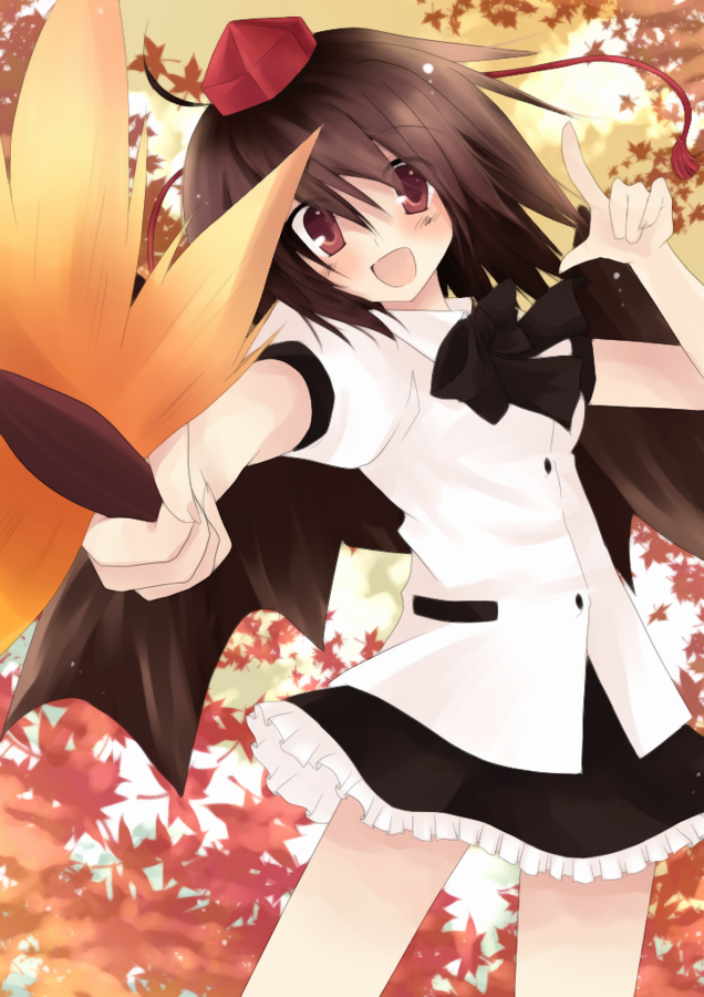 ou (swdp), shameimaru aya, touhou, bad id, bad pixiv id, 1girl, black hair, black wings, female focus, hand fan, hat, looking at viewer, open mouth, red eyes, ribbon, short hair, skirt, smile, solo, tokin hat, wings