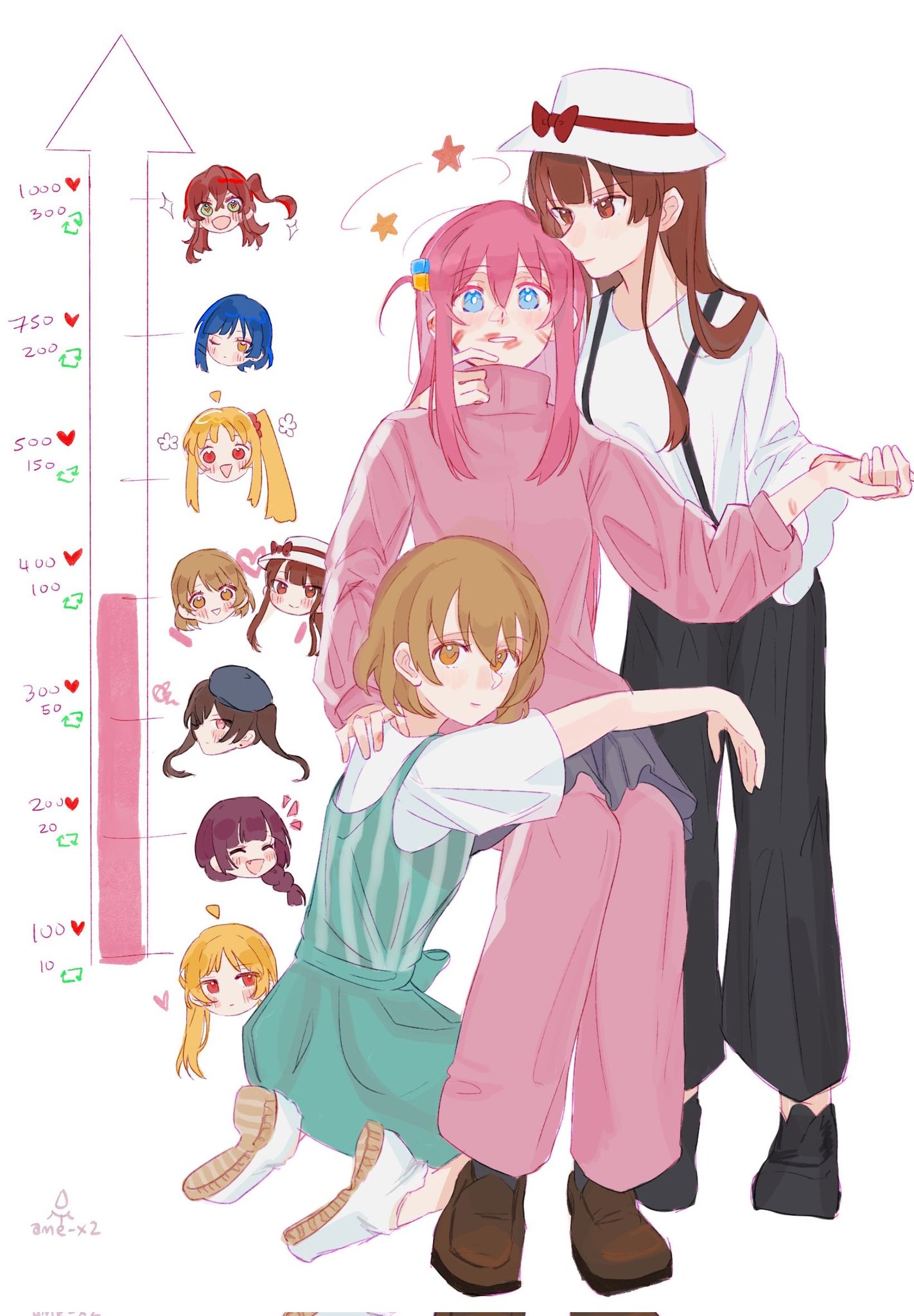 fan 1-gou, fan 2-gou, gotoh hitori, hiroi kikuri, ijichi nijika, ijichi seika, kita ikuyo, ootsuki yoyoko, yamada ryo, bocchi the rock!, corrupted twitter file, highres, 6+girls, ahoge, black hat, black pants, blonde hair, blue eyes, blue hair, braid, brown hair, brown shoes, cube hair ornament, dress, girl sandwich, green dress, green eyes, grey skirt, hair ornament, hand on another's neck, hat, heart, holding hands, jacket, kiss meter (meme), lipstick mark, lipstick mark on arm, lipstick mark on face, lipstick mark on hand, long hair, meme, multiple girls, one eye closed, one side up, open mouth, pants, parted lips, pinafore dress, pink hair, pink jacket, pink pants, pleated skirt, purple hair, red eyes, red hair, sandwiched, shirt, shoes, short hair, side ponytail, single braid, sitting, skirt, sleeveless, sleeveless dress, smile, sparkle, standing, starstruckkmess, track jacket, twintails, white hat, white shirt, yellow eyes, yuri