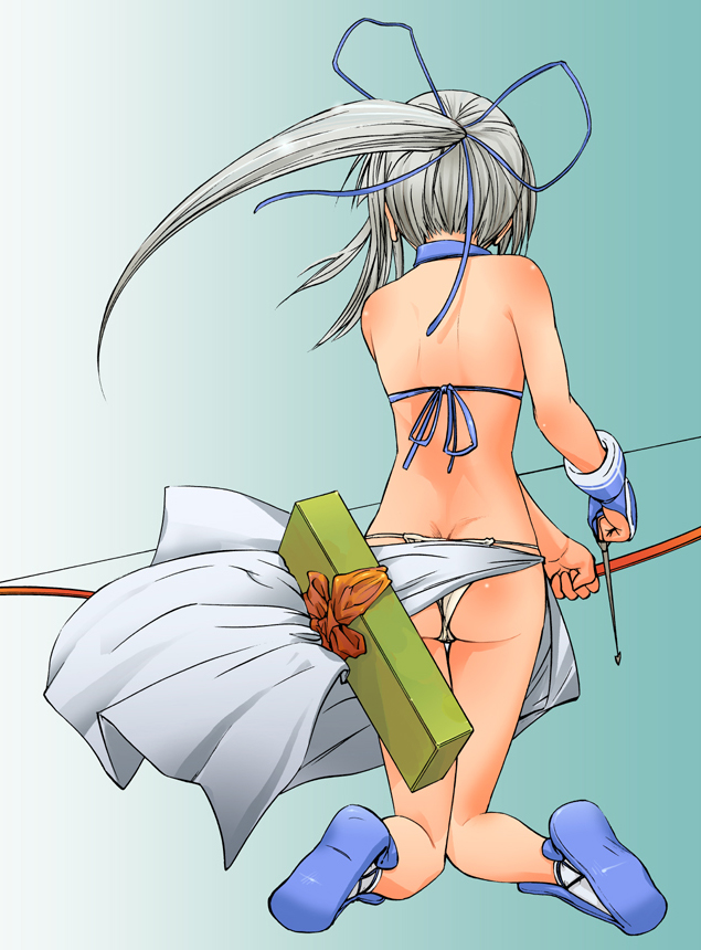 10ro, majikina mina, samurai spirits, snk, silver hair, ass, back, bow (weapon), butt crack, kneeling, long hair, panties, ponytail, solo, underwear, weapon