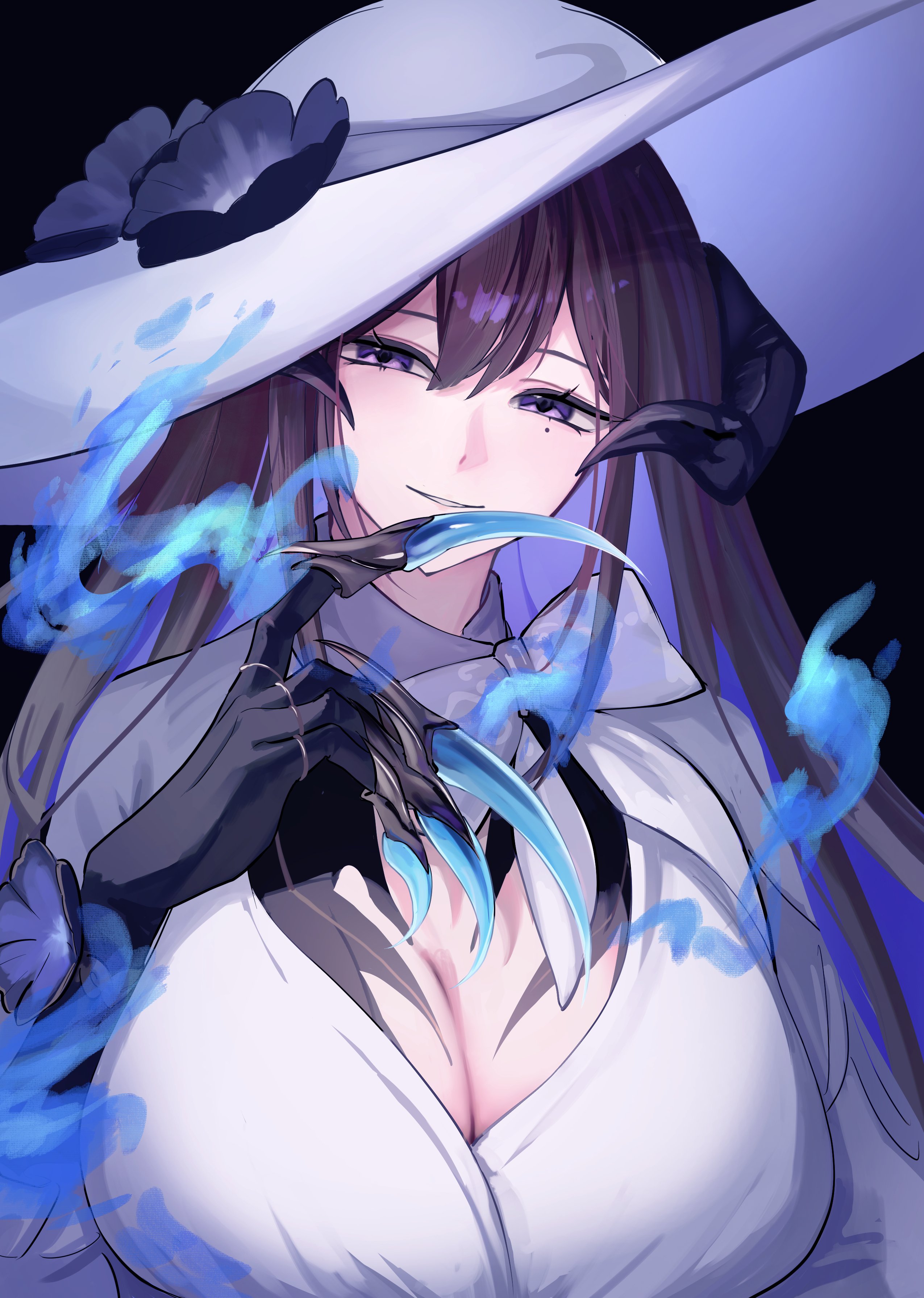 neneneneko, constance (honkai: star rail), honkai: star rail, honkai (series), absurdres, hashtag-only commentary, highres, 1girl, black background, black hair, black horns, blue hair, breasts, claws, cleavage, colored inner hair, dress, hat, horns, huge breasts, long hair, looking at viewer, mole, mole under eye, multicolored hair, purple eyes, smile, solo, two-tone hair, upper body, very long hair, white dress, white hat