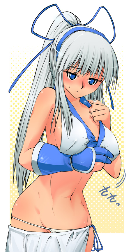 10ro, majikina mina, samurai spirits, snk, silver hair, 1girl, blue eyes, blush, breasts, female focus, gloves, large breasts, long hair, midriff, panties, ponytail, sideboob, solo, underwear