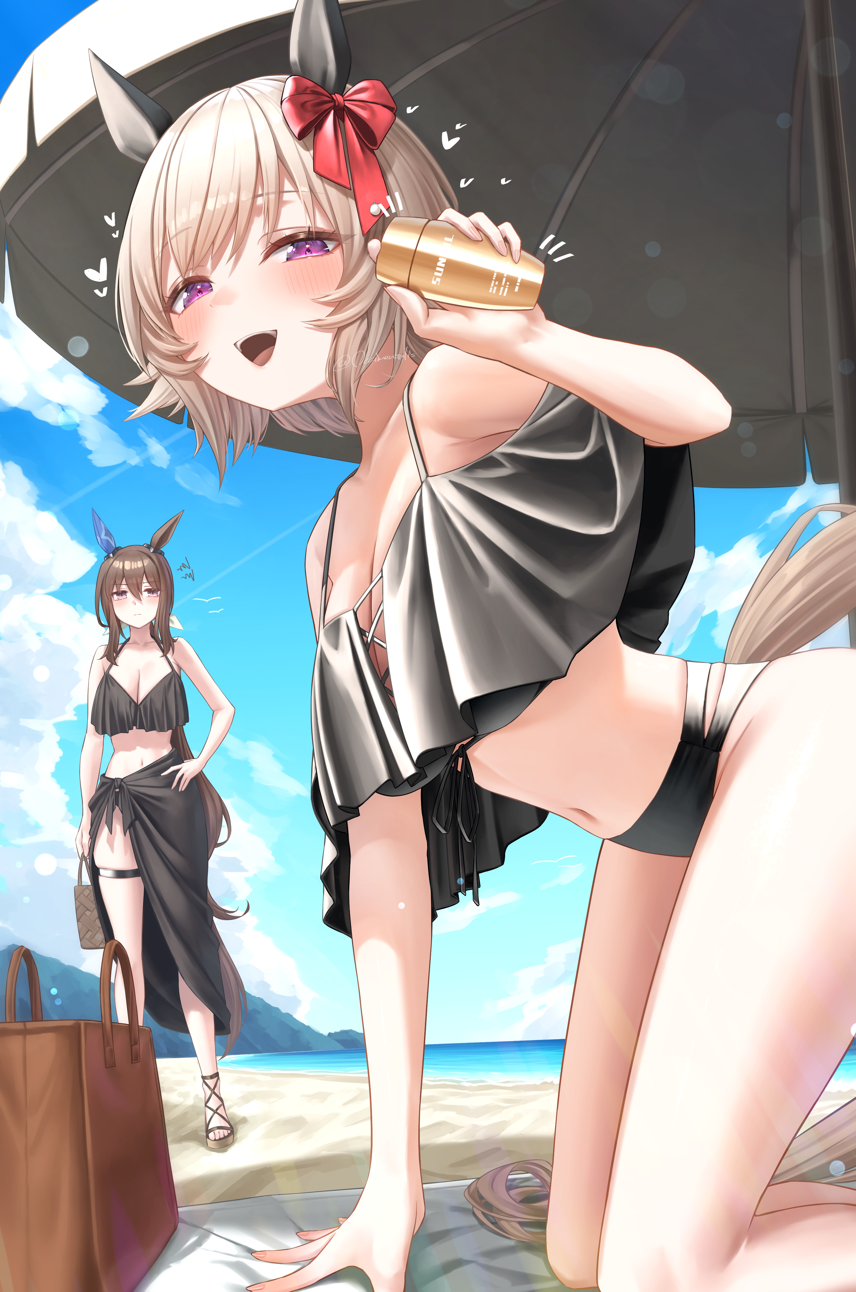 menchi rishio, admire vega (umamusume), curren chan (umamusume), umamusume, absurdres, commentary request, highres, 2girls, alternate costume, animal ears, bare shoulders, beach, beach mat, beach umbrella, bikini, black bikini, black sarong, blue sky, blush, bow, breasts, brown bag, brown hair, cleavage, day, ear bow, ear covers, ear ornament, grey hair, heart, holding sunscreen, horse ears, horse girl, horse tail, large breasts, long hair, looking at viewer, low ponytail, multiple girls, navel, off-shoulder bikini, off shoulder, open mouth, outdoors, ponytail, purple eyes, red bow, sarong, short hair, single ear cover, sky, smile, solo focus, standing, swimsuit, tail, thighs, umbrella