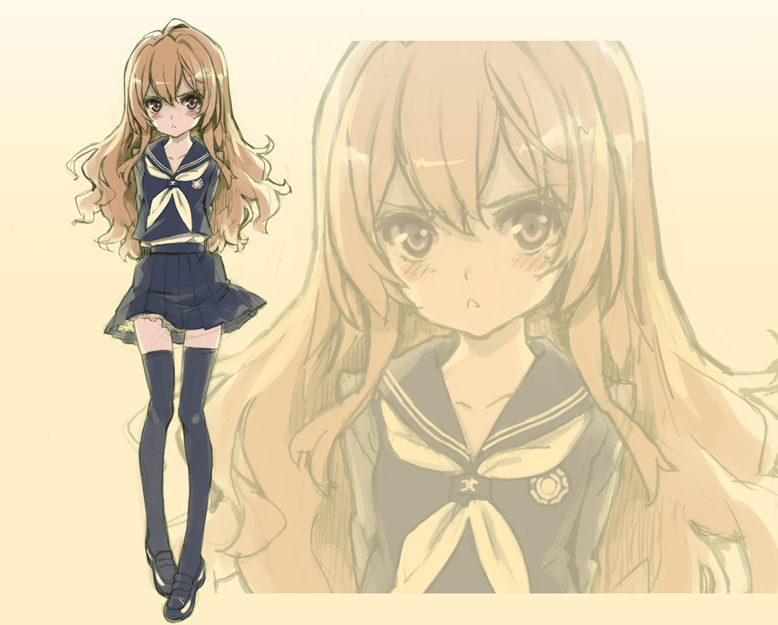 murasawa hiroshi, aisaka taiga, toradora!, 00s, 1girl, black serafuku, blush, brown eyes, brown hair, female focus, long hair, school uniform, serafuku, skirt, solo, thighhighs, zettai ryouiki, zoom layer