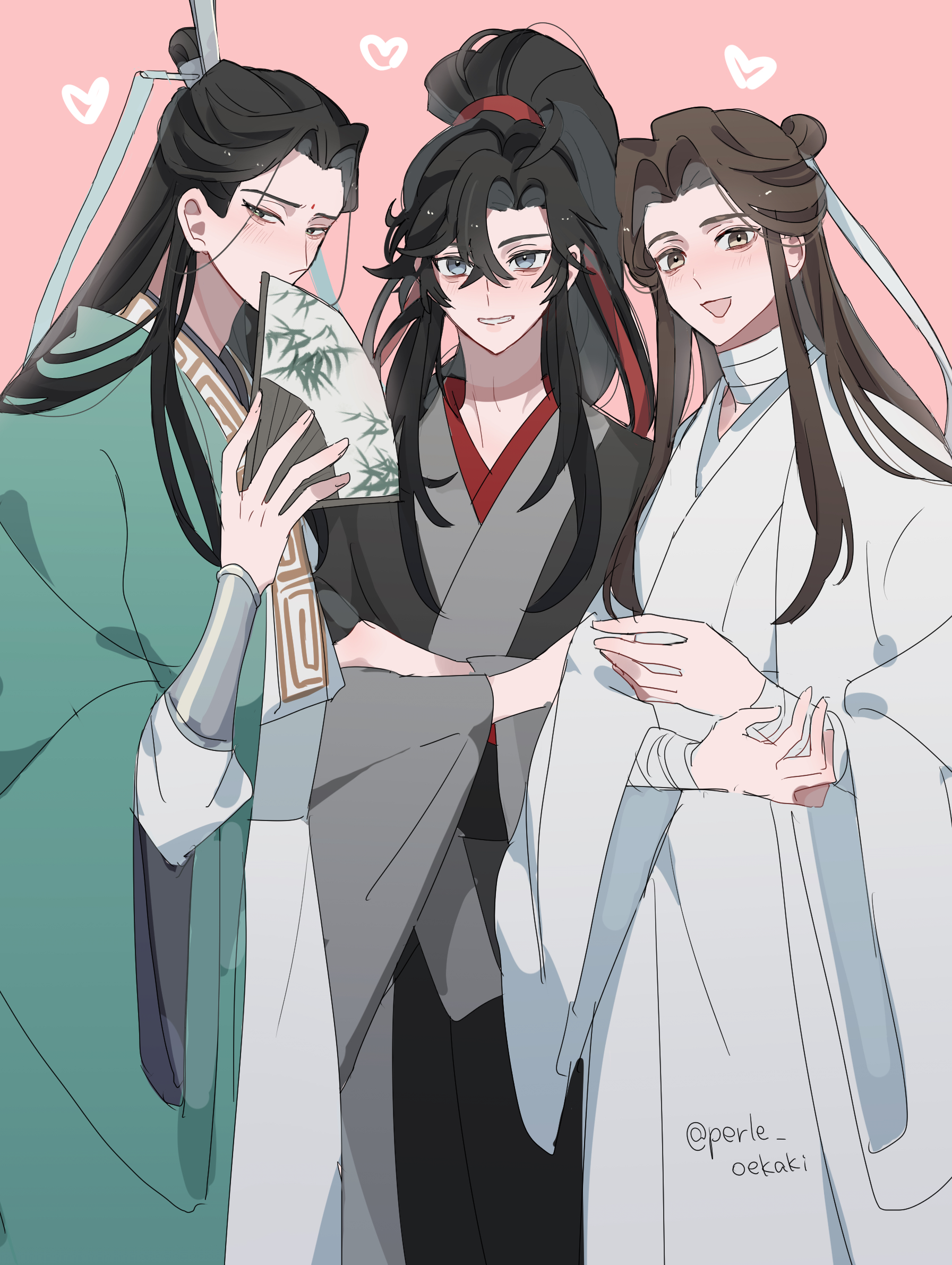perle oekaki, shen qingqiu, wei wuxian, xie lian, modao zushi, renzha fanpai zijiu xitong, tianguan cifu, highres, 3boys, ahoge, bandaged arm, bandaged neck, bandages, bindi, black hair, black hanfu, blush, brown eyes, brown hair, chinese clothes, covering own mouth, creator connection, crossed arms, crossover, folding fan, green eyes, green hanfu, green ribbon, grey eyes, hair bun, hair ribbon, hand fan, hanfu, heart, high ponytail, holding, holding fan, long hair, long sleeves, looking at viewer, male focus, multiple boys, open mouth, pink background, ponytail, red ribbon, ribbon, ribboned xiao guan, robe, sidelocks, simple background, single hair bun, smile, topknot, twitter username, white hanfu, white ribbon, wide sleeves, xiao guan (headdress)