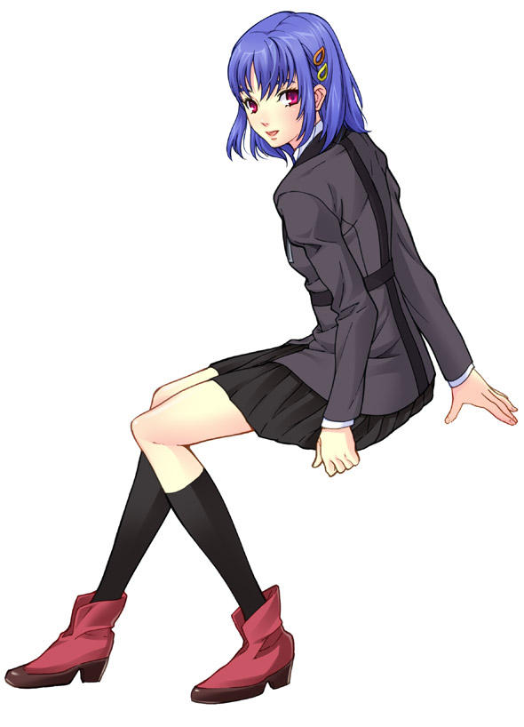 koremi2, koremitsu, morimoto kanaru, atlus, persona, persona trinity soul, 00s, 1girl, blazer, blue hair, boots, female focus, hair ornament, hairclip, jacket, kneehighs, pink eyes, school uniform, short hair, skirt, socks, solo