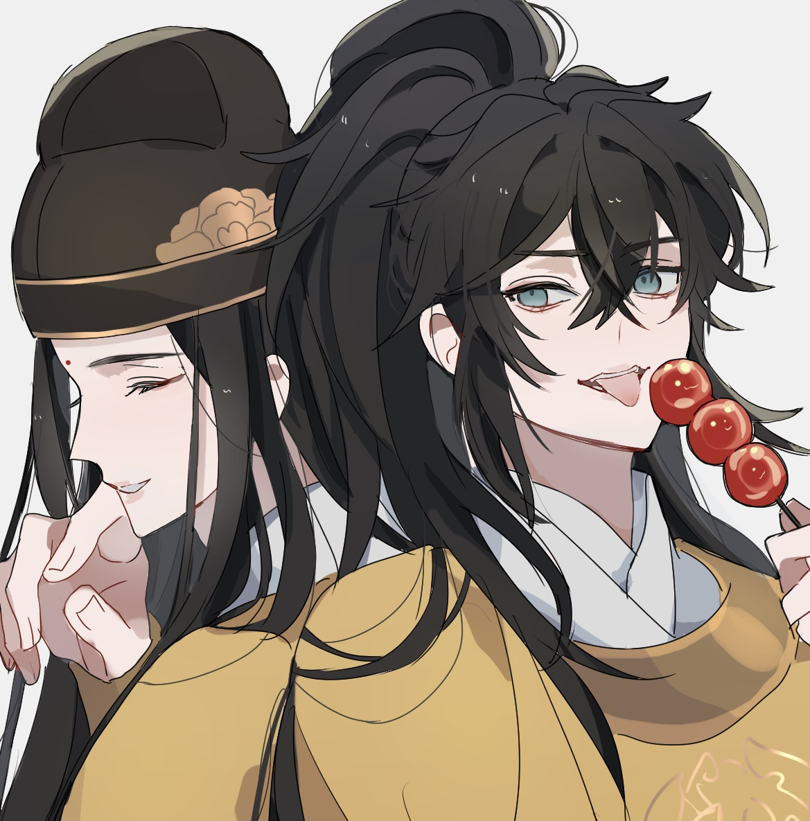 perle oekaki, jin guangyao, xue yang, modao zushi, 2boys, back-to-back, bindi, bishounen, black hair, black hat, chinese clothes, closed eyes, eating, food, green eyes, hair between eyes, hand on own chin, hat, high ponytail, holding, holding food, jin (headwear), long hair, long sleeves, looking at viewer, male focus, multiple boys, open mouth, parted lips, ponytail, sidelocks, simple background, smile, tang jin (headwear), tanghulu, teeth, tongue, tongue out, upper body, white background, yellow hanfu, yuanlingpao