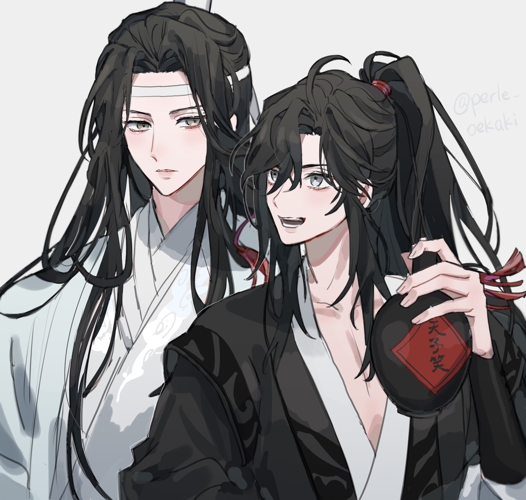perle oekaki, lan wangji, wei wuxian, modao zushi, highres, 2boys, ahoge, alcohol, bishounen, black hair, black hanfu, chinese clothes, grey eyes, hair ornament, hair ribbon, hanfu, headband, high ponytail, holding, holding jug, jug (bottle), long hair, long sleeves, looking at another, male focus, multiple boys, open mouth, parted lips, pectoral cleavage, pectorals, ponytail, red ribbon, ribbon, robe, sidelocks, simple background, smile, tassel, tassel hair ornament, twitter username, upper body, white background, white hanfu, white headband, xiao guan (headdress), yaoi, yellow eyes