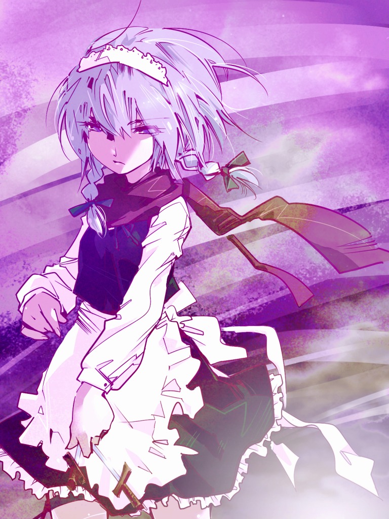 kuruwa (artist), teoshiguruma, izayoi sakuya, perfect cherry blossom, touhou, silver hair, 1girl, blue eyes, female focus, knife, maid, scarf, solo, throwing knife, weapon