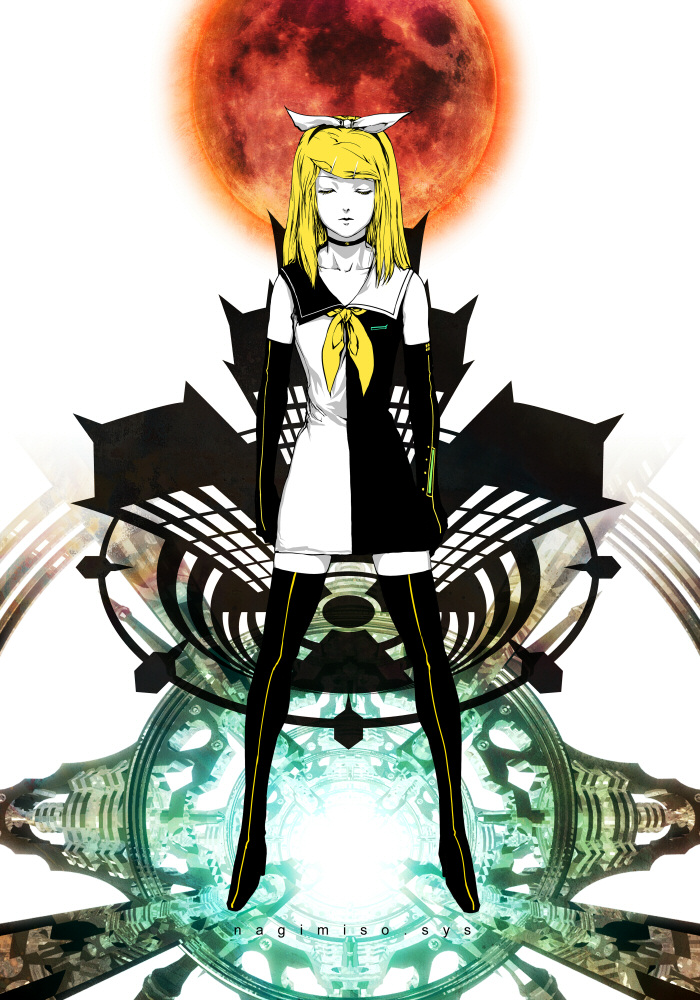 nagimiso, kagamine rin, kagamine rin (roshin yuukai), meltdown, roshin yuukai (vocaloid), vocaloid, black thighhighs, blonde hair, boots, choker, closed eyes, dress, elbow gloves, gloves, hair ornament, hairclip, moon, red moon, sailor dress, solo, thigh boots, thighhighs, zettai ryouiki