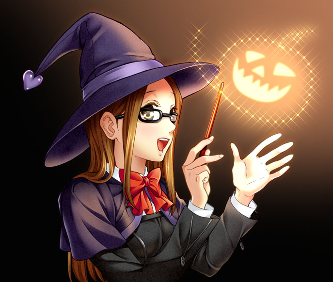koremi2, koremitsu, fushimi chihiro, atlus, persona, persona 3, 1girl, brown eyes, brown hair, female focus, glasses, glowing, halloween, hat, heart, long hair, ribbon, school uniform, smile, solo, wand, witch hat