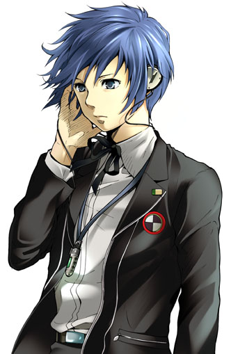 koremi2, koremitsu, yuuki makoto (persona 3), atlus, persona, persona 3, blazer, blue hair, digital media player, digital walkman, headphones, jacket, male focus, school uniform, short hair, solo, walkman nw-s203f