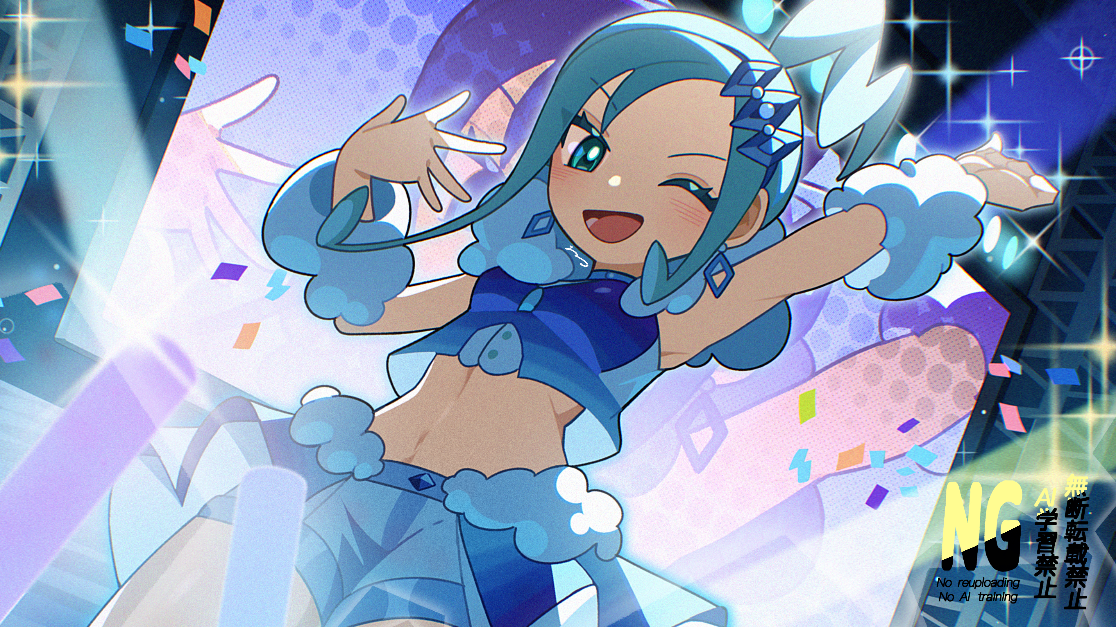 ame akira, lisia (pokemon), nintendo, pokemon, pokemon oras, absurdres, commentary, highres, 1girl, ;d, arm up, arm warmers, confetti, cropped vest, earrings, eyelashes, green eyes, green hair, hair ornament, hand up, happy, jewelry, long hair, looking down, one eye closed, open mouth, overskirt, shorts, smile, solo, sparkle, spread fingers, stomach, tongue, vest, watermark