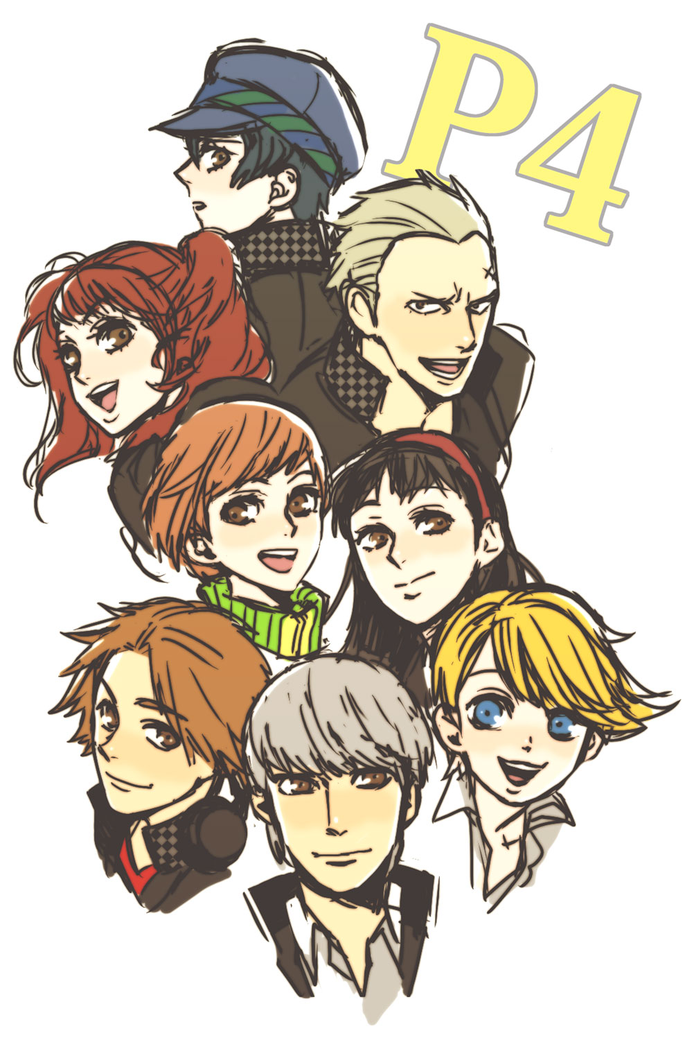 duruko, amagi yukiko, hanamura yousuke, kujikawa rise, kuma (persona 4), narukami yu, satonaka chie, shirogane naoto, tatsumi kanji, atlus, persona, persona 4, head, silver hair, highres, 4boys, 4girls, black hair, blonde hair, blue eyes, blush, brown eyes, brown hair, hairband, looking at viewer, multiple boys, multiple girls, simple background, twintails, upper body, white background