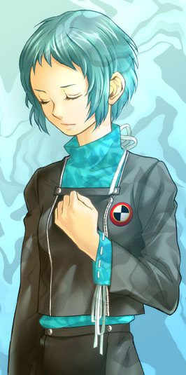 koremi2, koremitsu, yamagishi fuuka, atlus, persona, persona 3, 1girl, aqua hair, closed eyes, female focus, school uniform, short hair, solo, turtleneck