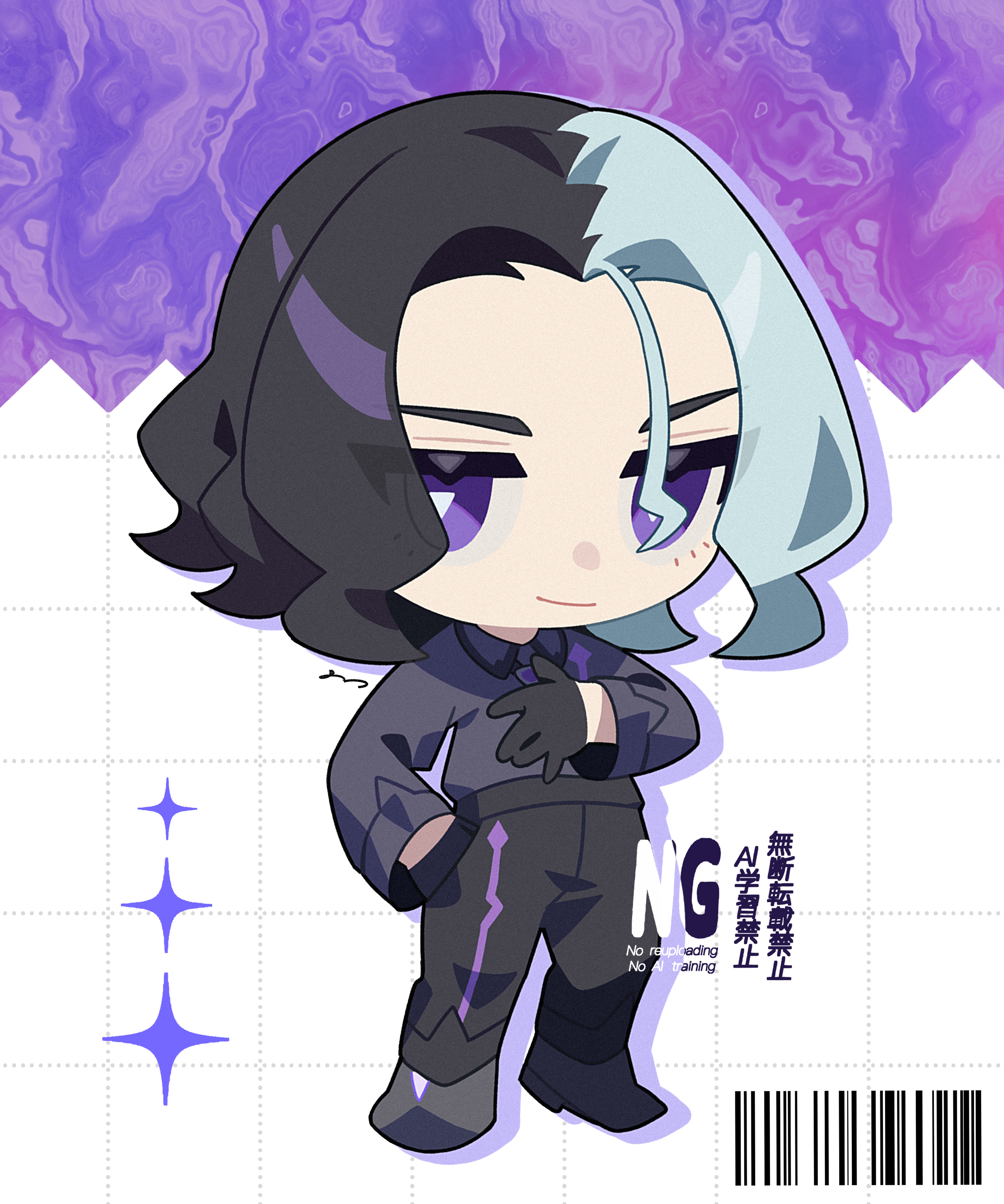 ame akira, amethio (pokemon), nintendo, pokemon, pokemon (anime), pokemon horizons, absurdres, commentary, highres, 1boy, barcode, black pants, bright pupils, chibi, chibi only, closed mouth, collared shirt, full body, gloves, hand in pocket, hand on own chest, male focus, medium hair, pants, purple eyes, shirt, shoes, smile, solo, standing, symbol-shaped pupils, triangle-shaped pupils, watermark, white pupils