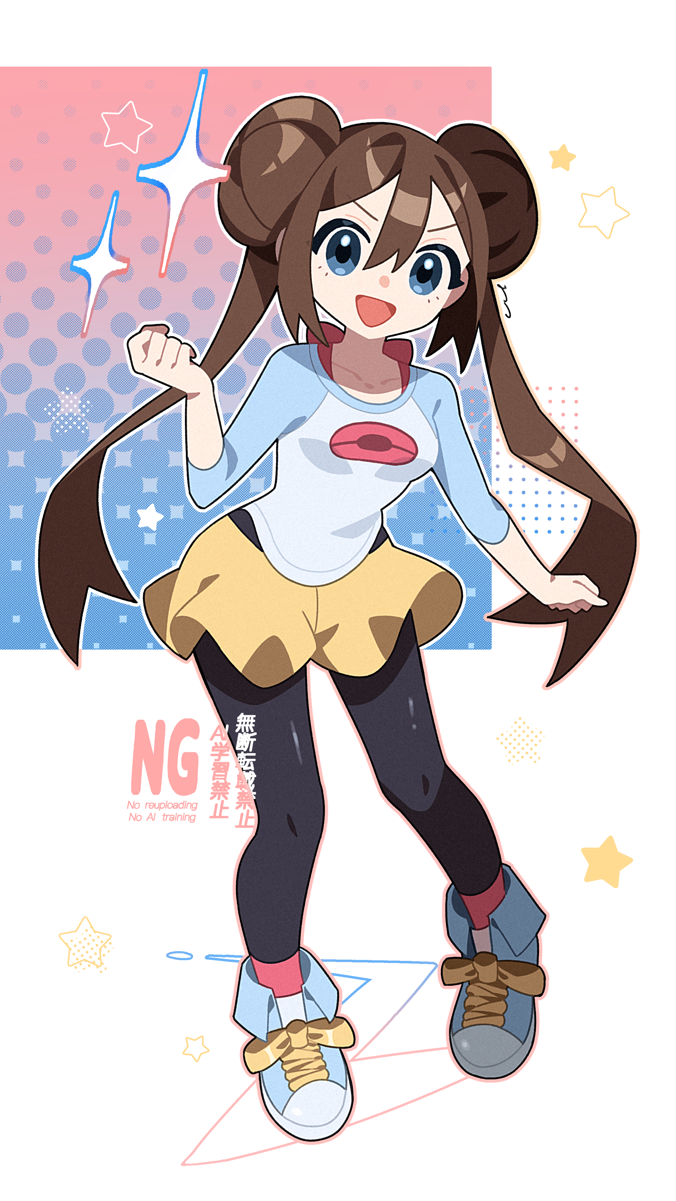 ame akira, rosa (pokemon), nintendo, pokemon, pokemon bw2, absurdres, commentary, highres, 1girl, :d, black pantyhose, blue shoes, brown hair, clenched hands, double bun, full body, hair between eyes, hair bun, hand up, happy, long hair, open mouth, pantyhose, pink socks, raglan sleeves, shirt, shoes, shorts, smile, socks, solo, sparkle, star (symbol), three-quarter sleeves, twintails, watermark, yellow shorts