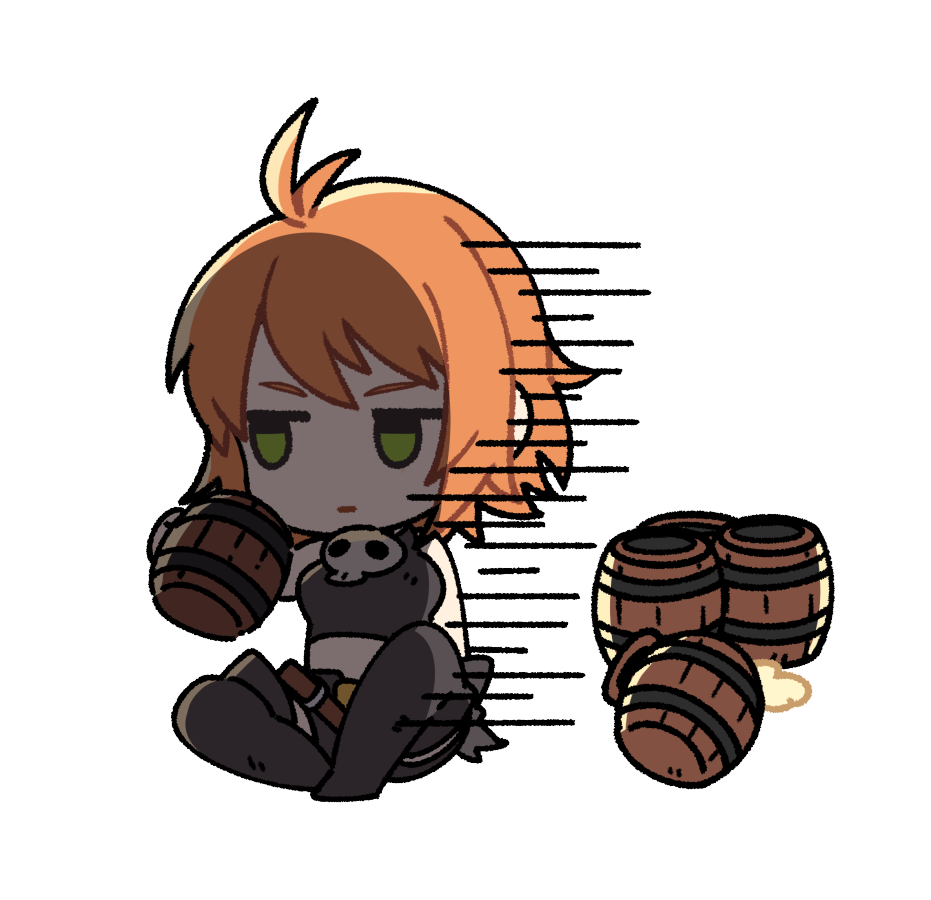 mila nebraska, nexon, tales weaver, artist request, bad source, official art, second-party source, 1girl, alcohol, bare arms, bare shoulders, beer, belt, black belt, black boots, black gloves, black shirt, black shorts, boots, breasts, chibi, chibi only, closed mouth, crop top, cropped shirt, cup, full body, gloves, green eyes, holding, holding cup, jewelry, jitome, medium breasts, medium hair, midriff, necklace, no nose, orange hair, shaded face, shirt, shorts, sidelighting, simple background, single glove, sitting, skull necklace, solo, tankard, thigh boots, transparent background