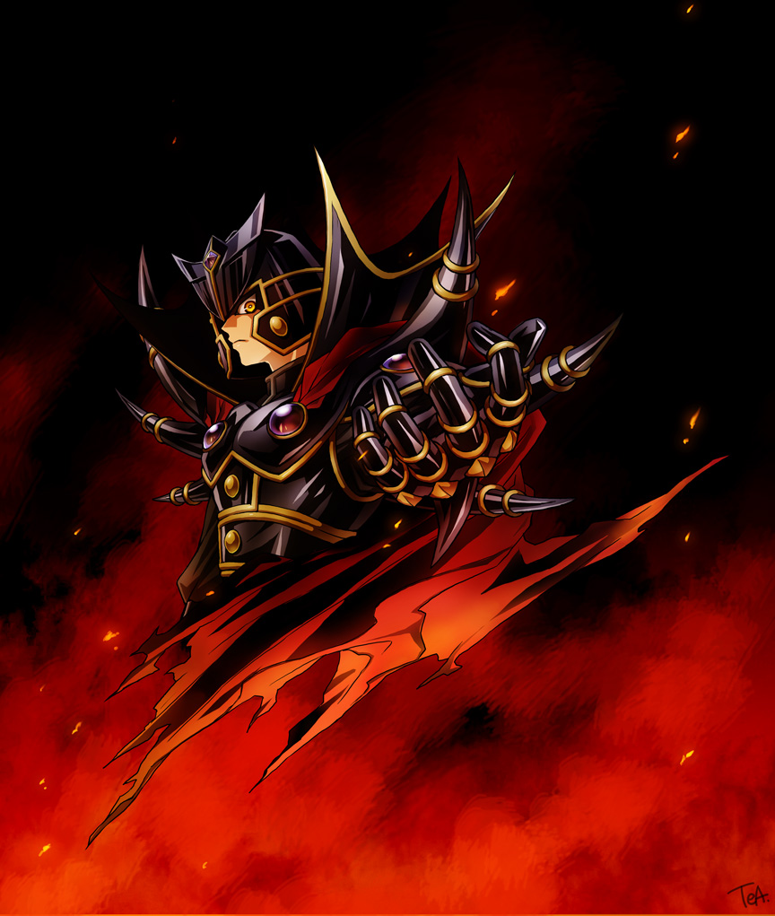 tea (retroz), supreme king (yu-gi-oh! gx), yuki judai, yu-gi-oh!, yu-gi-oh! gx, bad id, bad pixiv id, 1boy, armor, cape, gloves, helmet, male focus, solo, yellow eyes