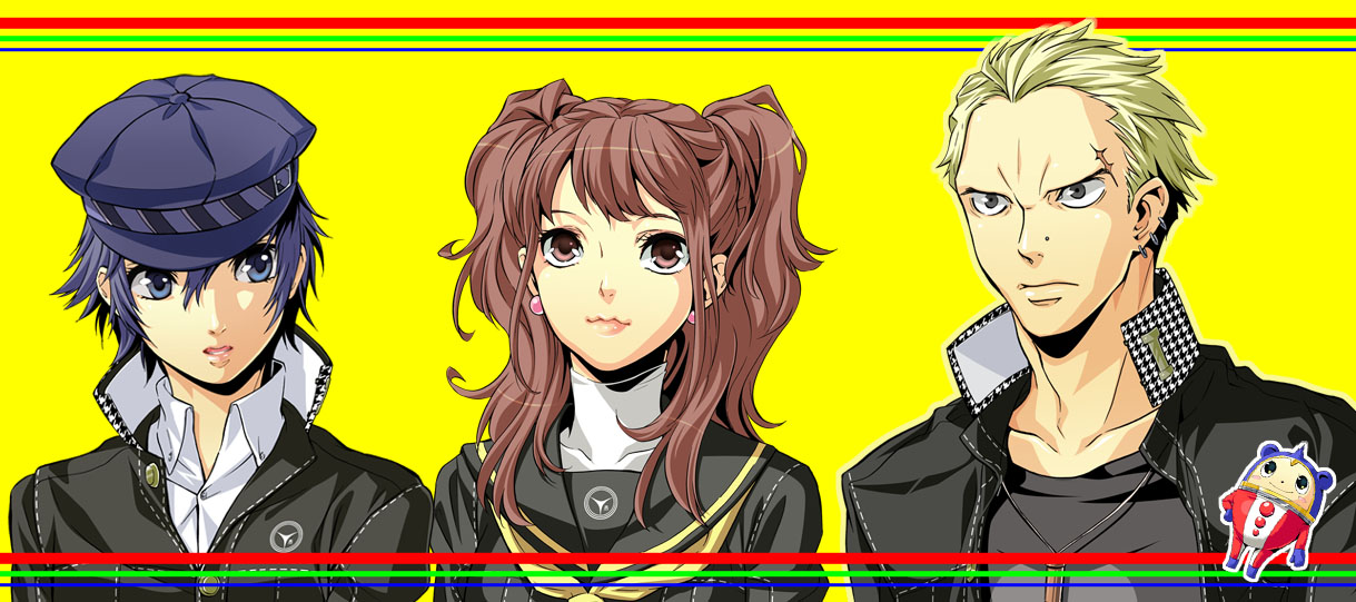 koremi2, koremitsu, kujikawa rise, kuma (persona 4), shirogane naoto, tatsumi kanji, atlus, persona, persona 4, 1boy, 2girls, androgynous, blonde hair, blue hair, brown hair, earrings, hat, houndstooth, jewelry, multiple girls, newsboy cap, reverse trap, school uniform, short hair, twintails
