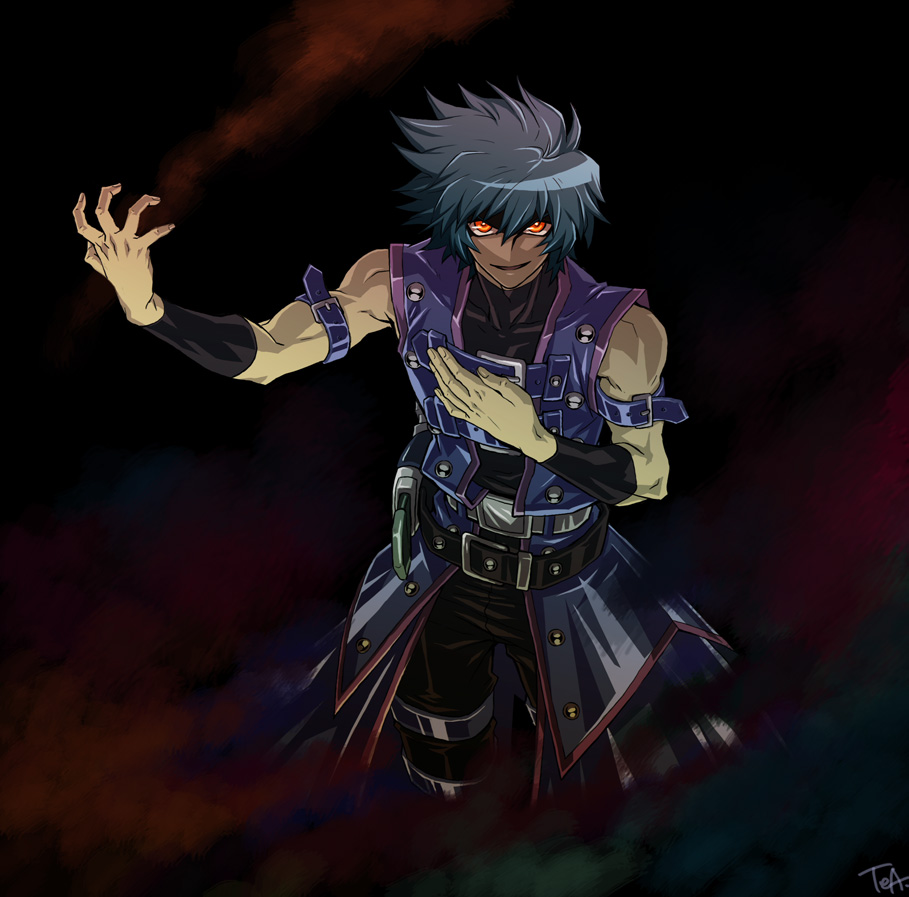 tea (retroz), johan andersen, yu-gi-oh!, yu-gi-oh! gx, bad id, bad pixiv id, 1boy, aqua hair, dark, male focus, orange eyes, red eyes, short hair, smile, solo