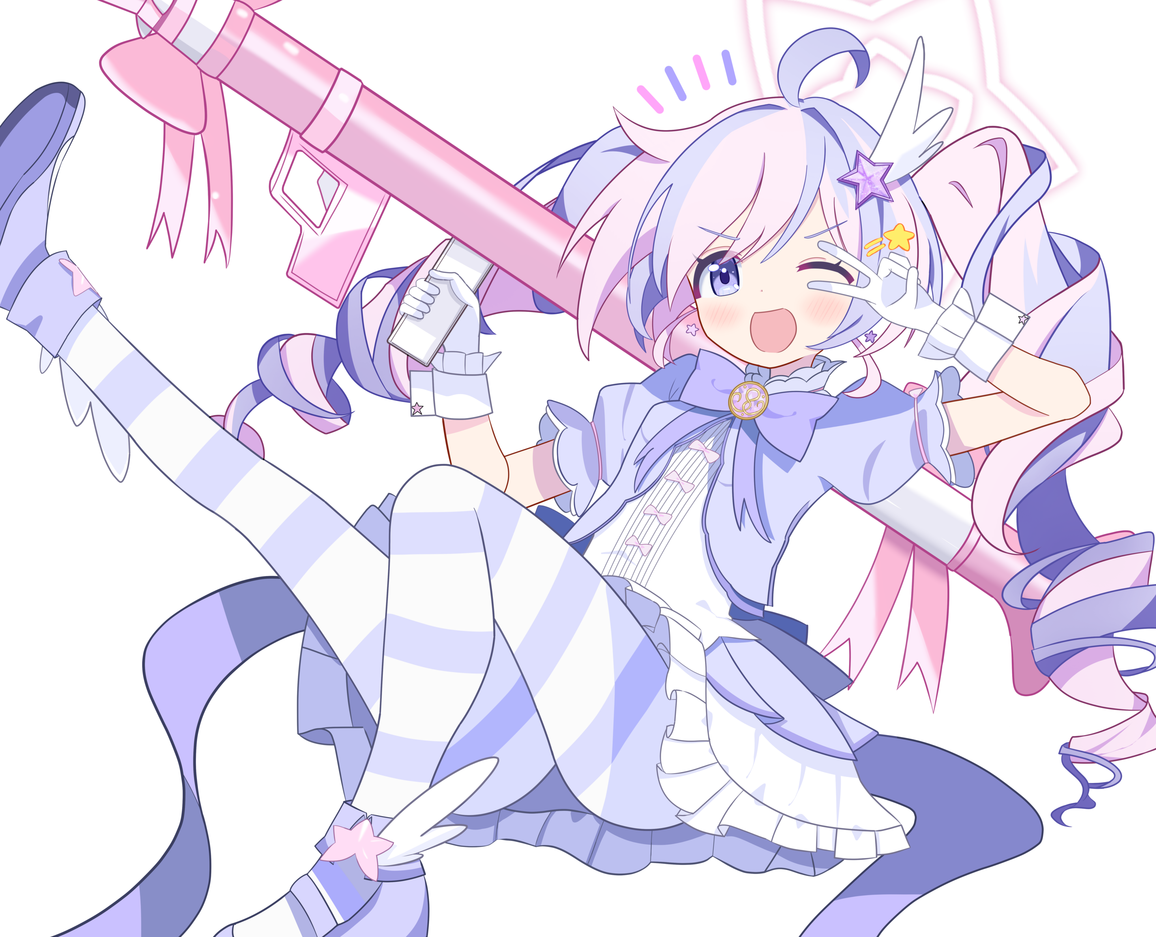 masushi masashi, reisa (blue archive), reisa (magical) (blue archive), blue archive, absurdres, commentary, highres, 1girl, ;d, ahoge, blue dress, blue hair, blush, bow, bowtie, dress, drill hair, full body, gloves, hair intakes, hair ornament, halo, hands up, holding, holding weapon, knee up, long hair, looking at viewer, magical girl, multicolored hair, notice lines, official alternate costume, official alternate hairstyle, one eye closed, open mouth, outstretched leg, pantyhose, pink hair, pink halo, puffy short sleeves, puffy sleeves, purple bow, purple bowtie, purple eyes, rocket launcher, rpg (weapon), short sleeves, simple background, sitting, smile, solo, star (symbol), star hair ornament, star halo, streaked hair, striped clothes, striped pantyhose, tareme, twin drills, twintails, two-tone hair, v, v-shaped eyebrows, v over eye, very long hair, weapon, white background, white gloves, white wrist cuffs, wing hair ornament, wrist cuffs
