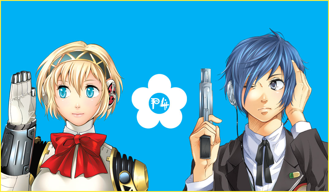 koremi2, koremitsu, aigis (persona), yuuki makoto (persona 3), atlus, persona, persona 3, blonde hair, blue eyes, blue hair, evoker, gun, headphones, one eye closed, ribbon, short hair, weapon, wink