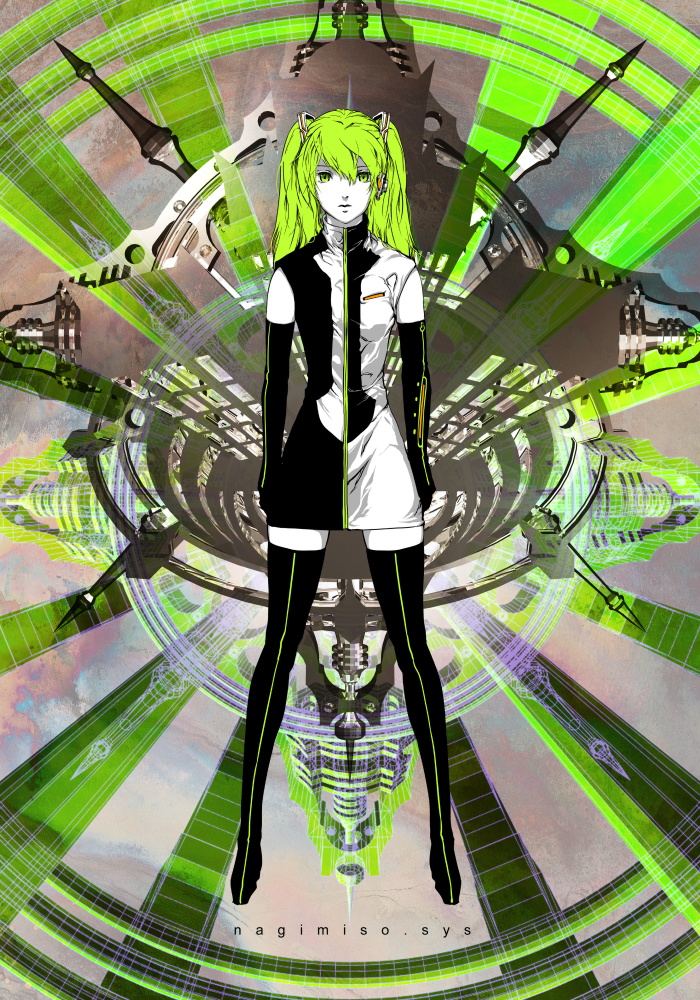 nagimiso, hatsune miku, hatsune miku (roshin yuukai/nitamagomix), meltdown, roshin yuukai (vocaloid), vocaloid, black thighhighs, boots, elbow gloves, gloves, green eyes, green hair, solo, thigh boots, thighhighs, twintails, zettai ryouiki